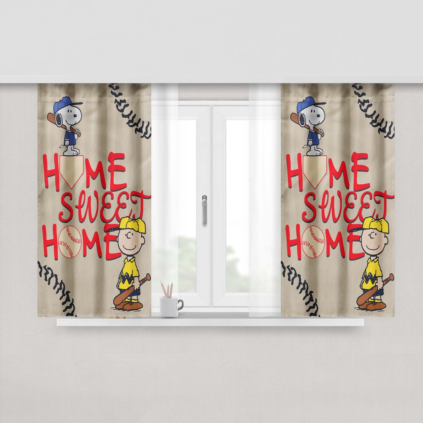 Home Sweet Home Snoopy Baseball Peach Skin Window Curtains
