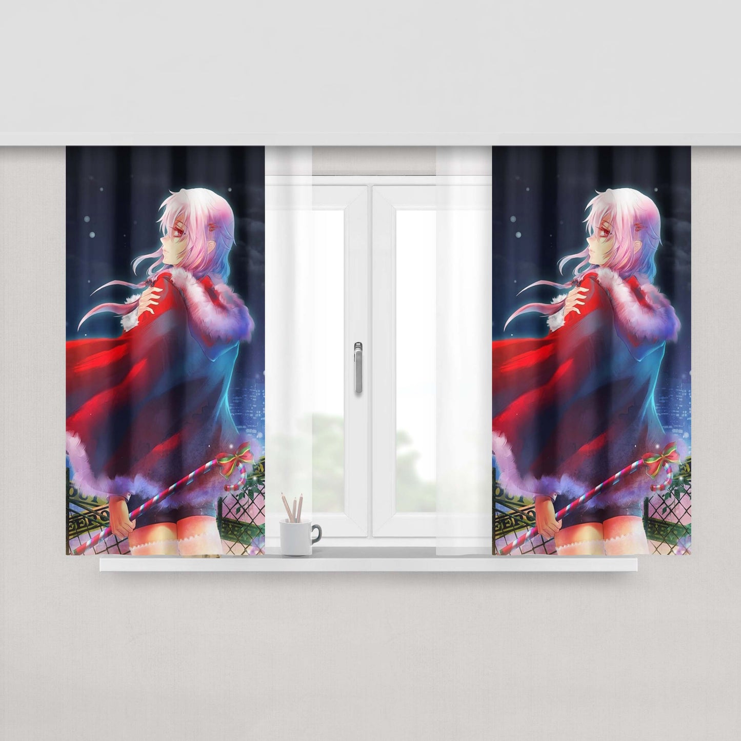 Inori Yuzuriha Christmas Red Dress Anime Girl Guilty Crown Peach Skin Window Curtains