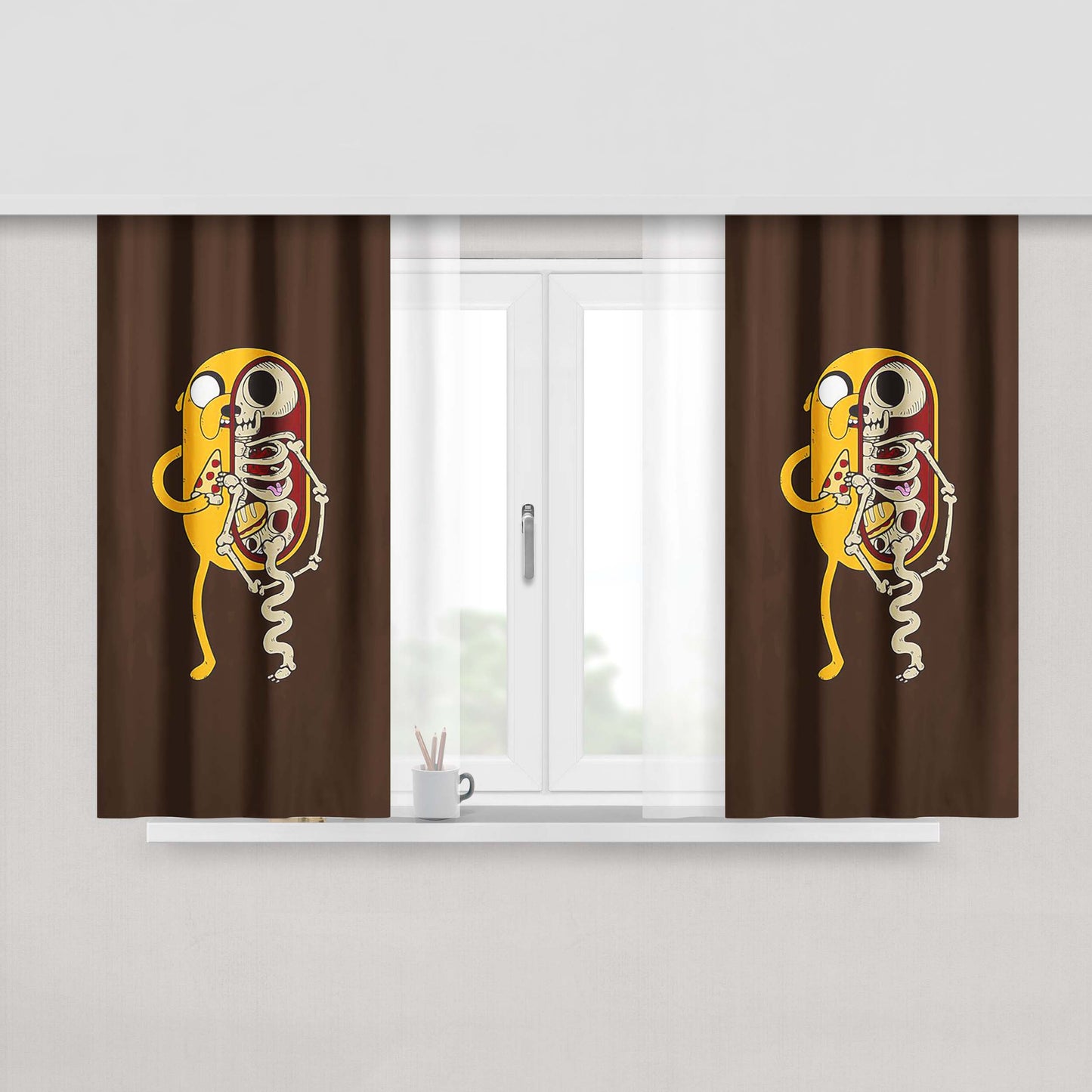 Jake Skeleton Loves Pizza Peach Skin Window Curtains