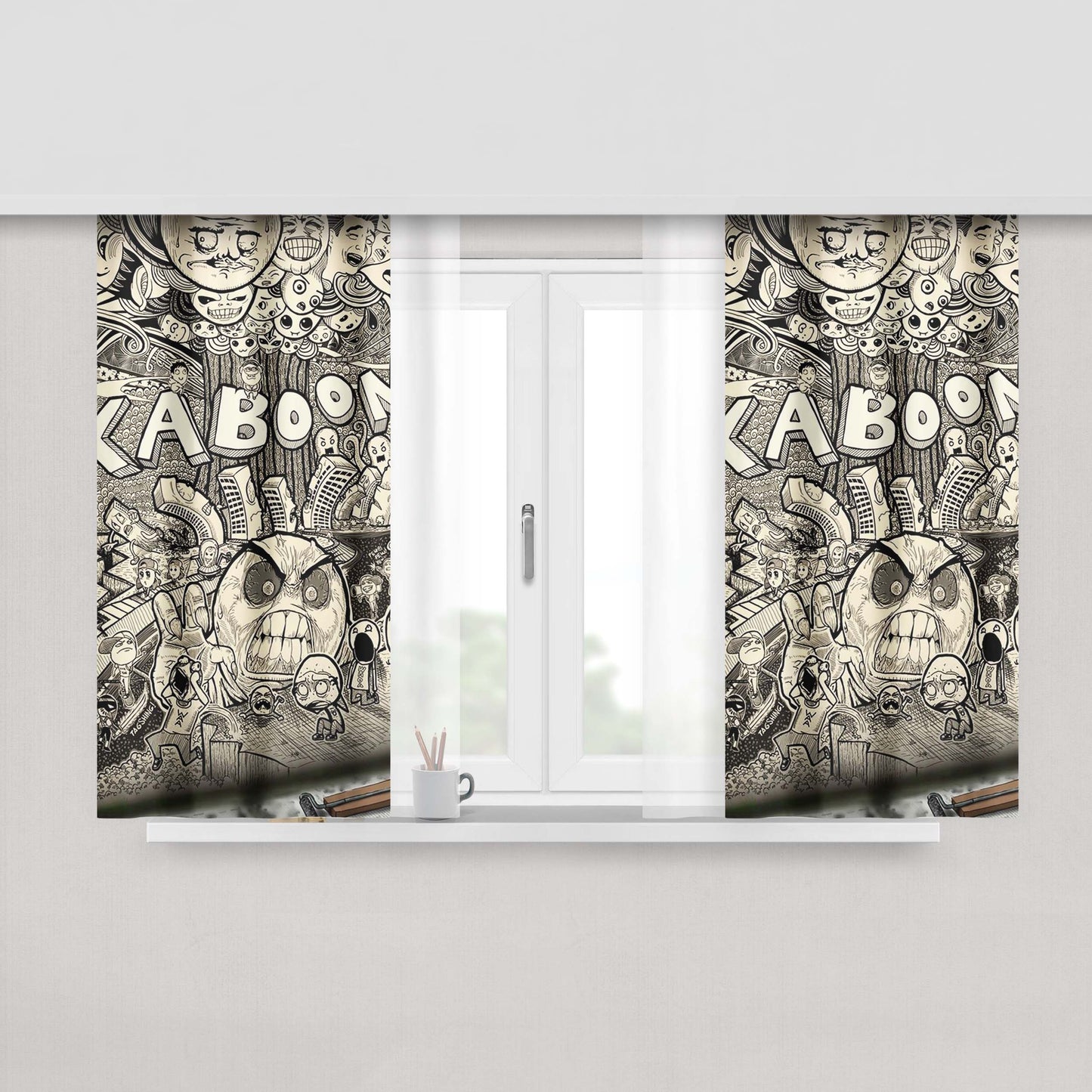 Kaboom Graffiti Monster Doodle Peach Skin Window Curtains