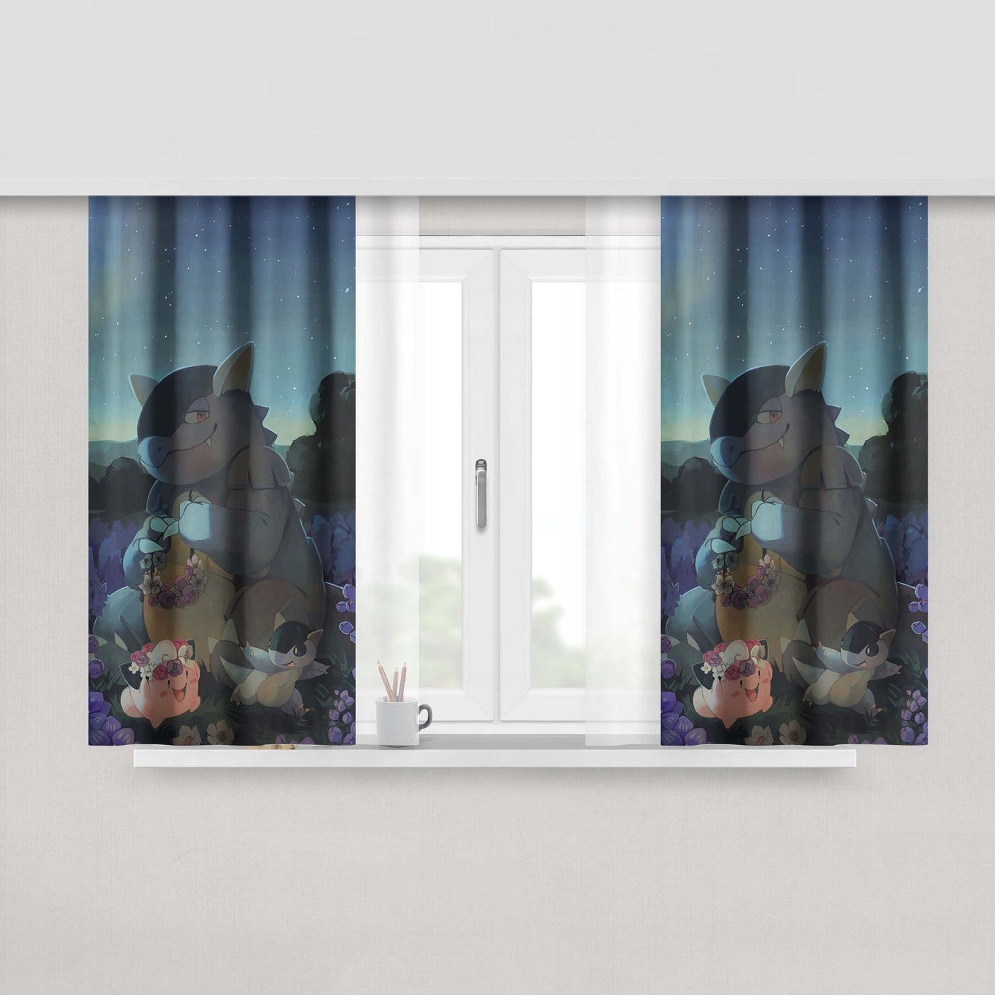 Kangaskhan And Cleffa Pokemon Art Peach Skin Window Curtains