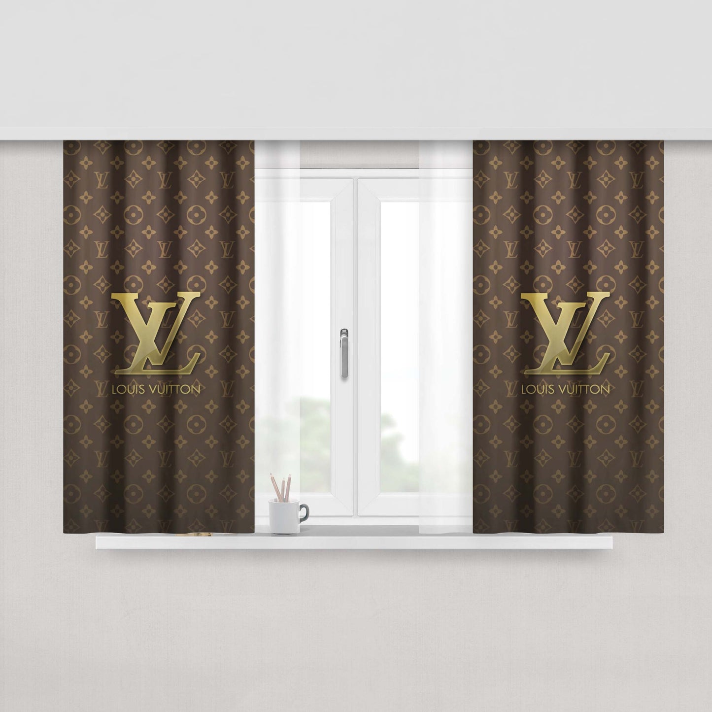 Louis Vuitton Designer Label Logos Patterns Peach Skin Window Curtains