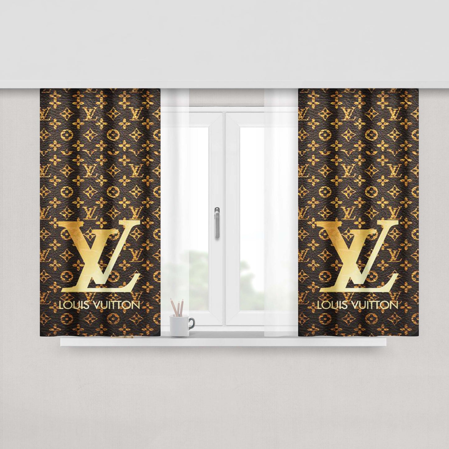 Louis Vuitton Logo Gold Peach Skin Window Curtains