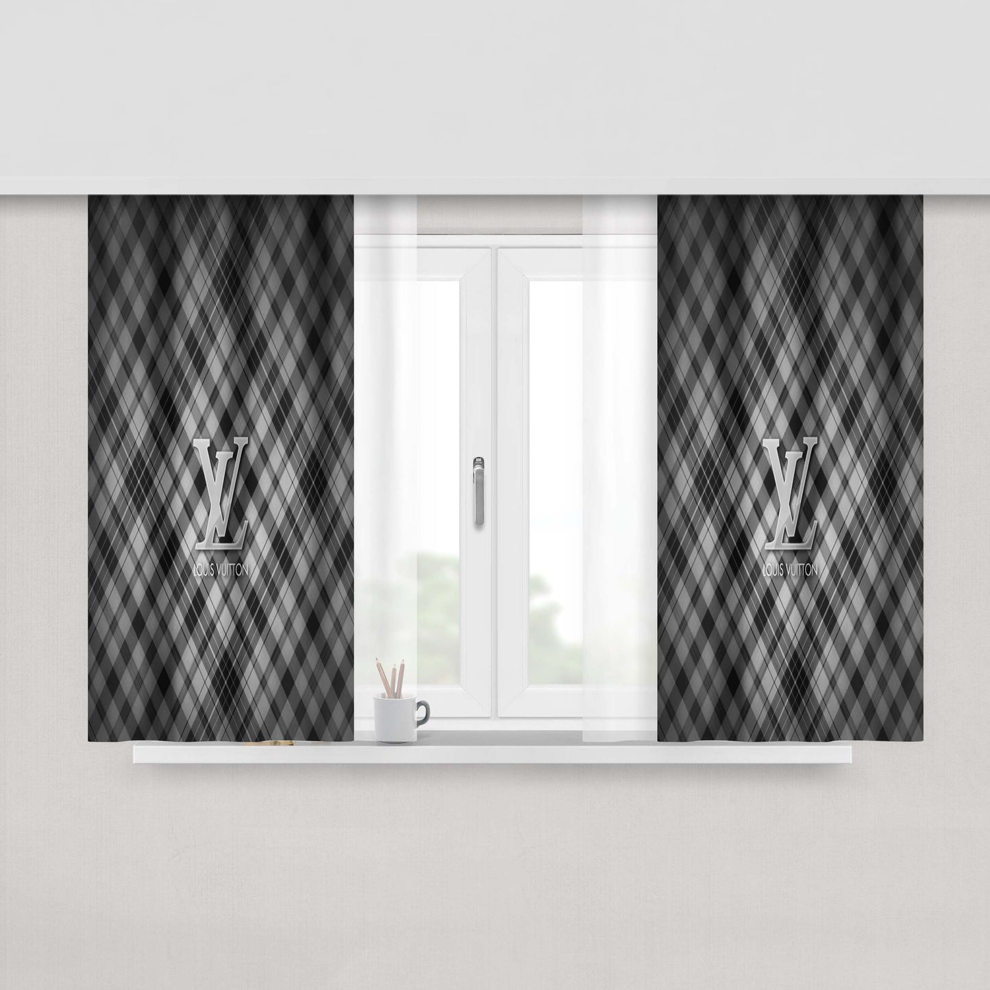 Louis Vuitton Logo In Silver Style Peach Skin Window Curtains