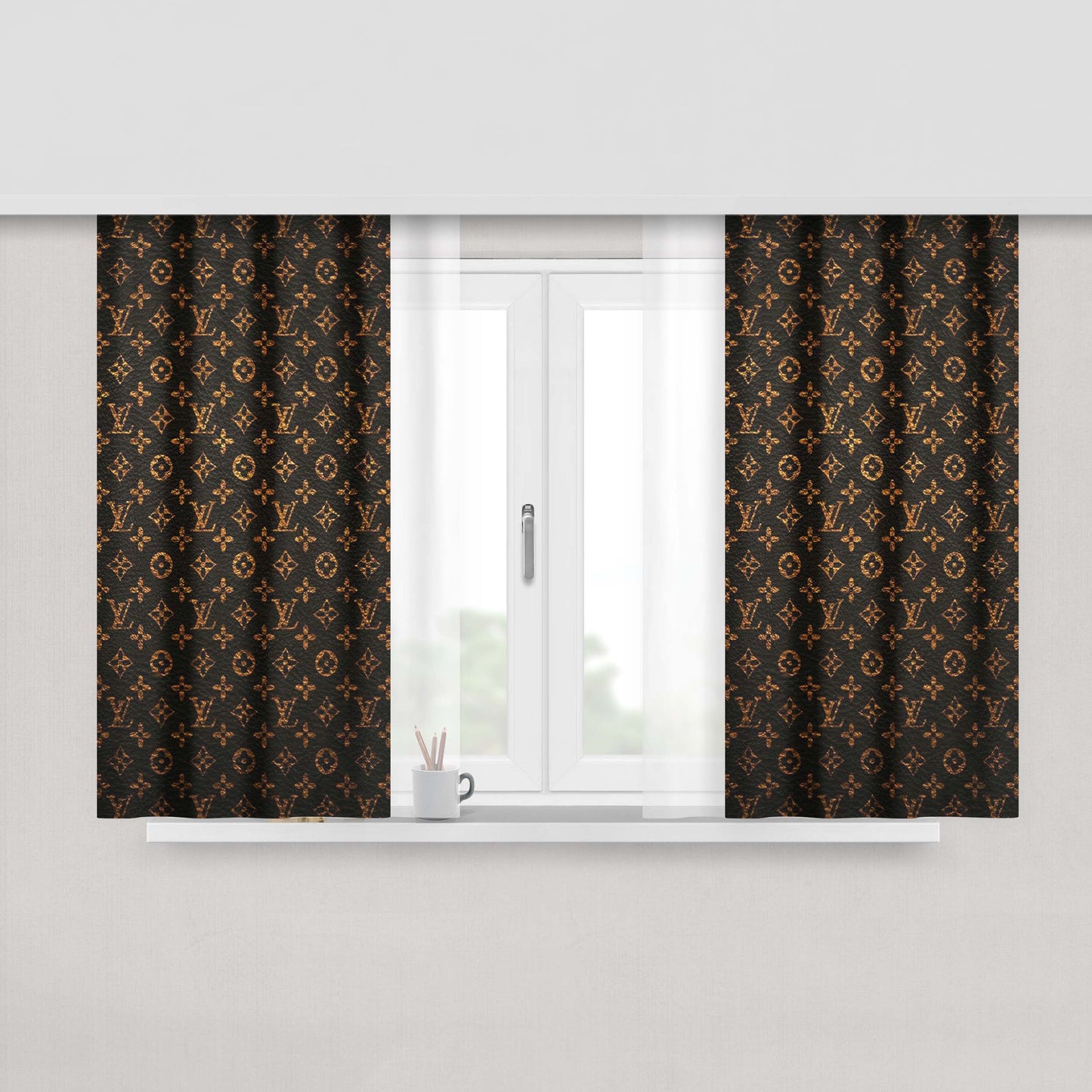 Louis Vuitton Pattern Brown Gold Peach Skin Window Curtains
