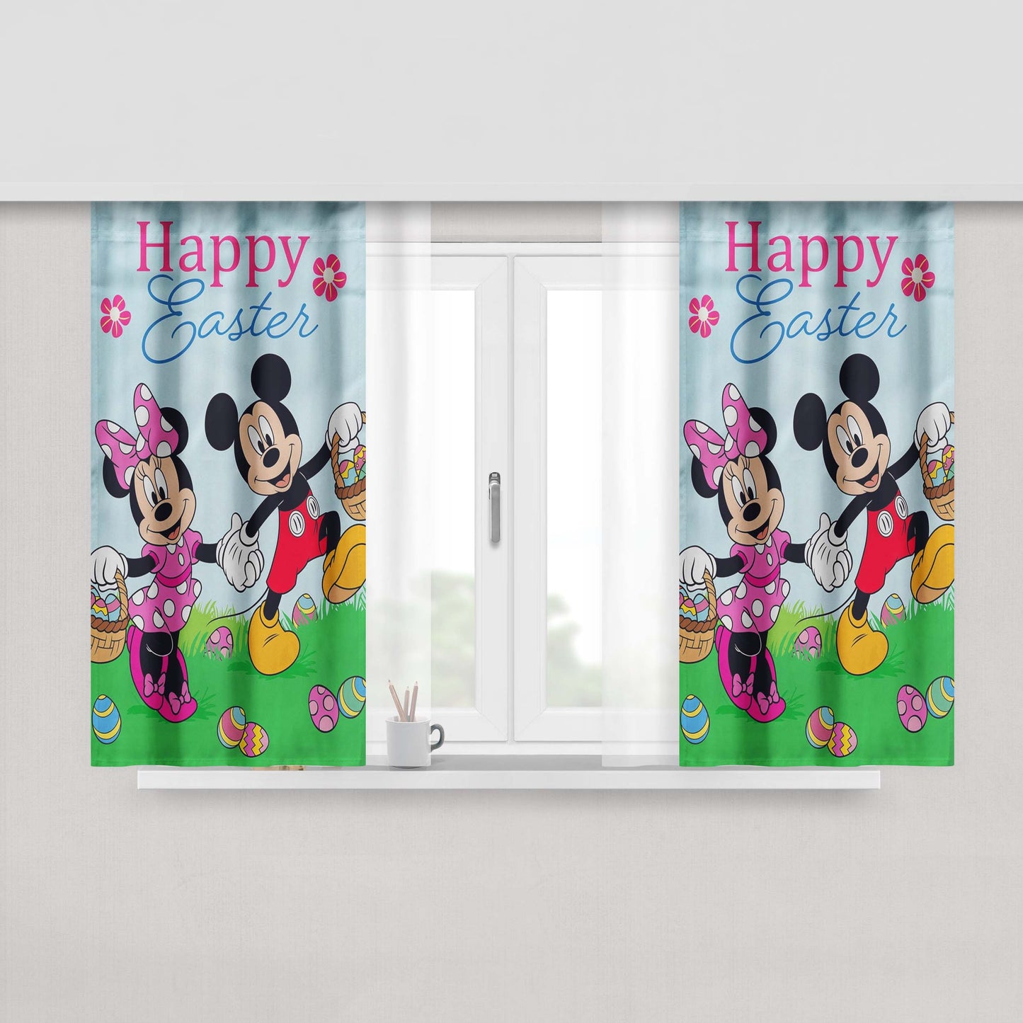 Mickey Mouse And Minnie Mouse Happy Easter Peach Skin Window Curtains