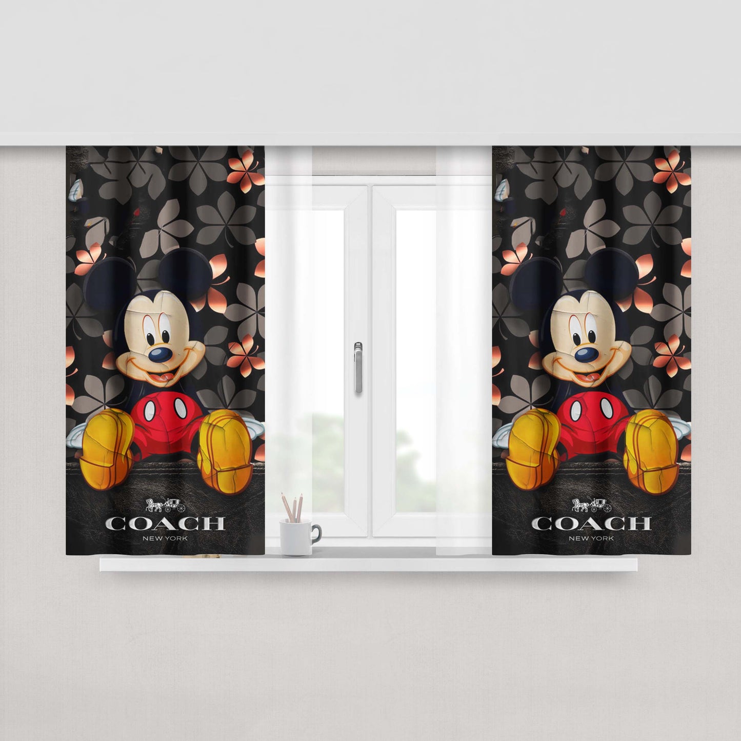 Mickey Mouse Coach Black Flowers Peach Skin Window Curtains