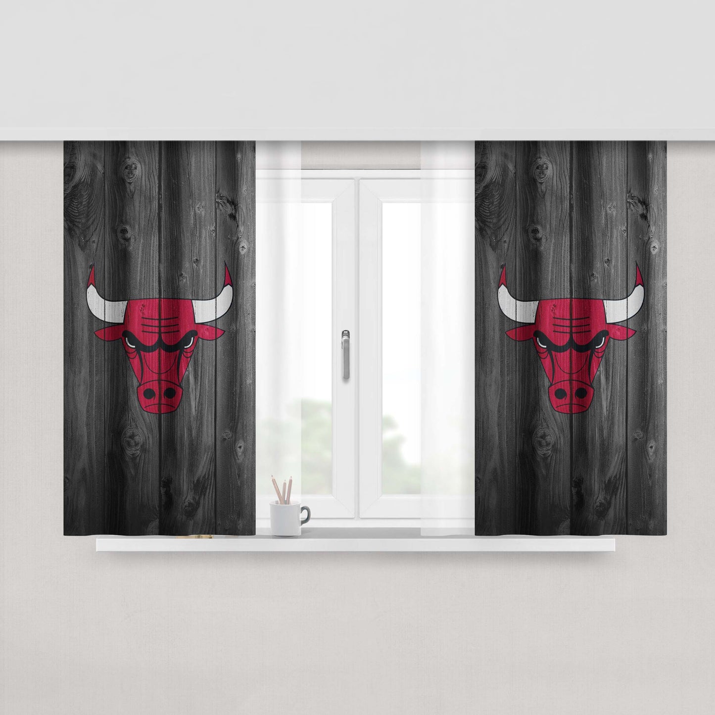 Nba Chicago Bulls Logo Dark Wood Wallpaper Peach Skin Window Curtains