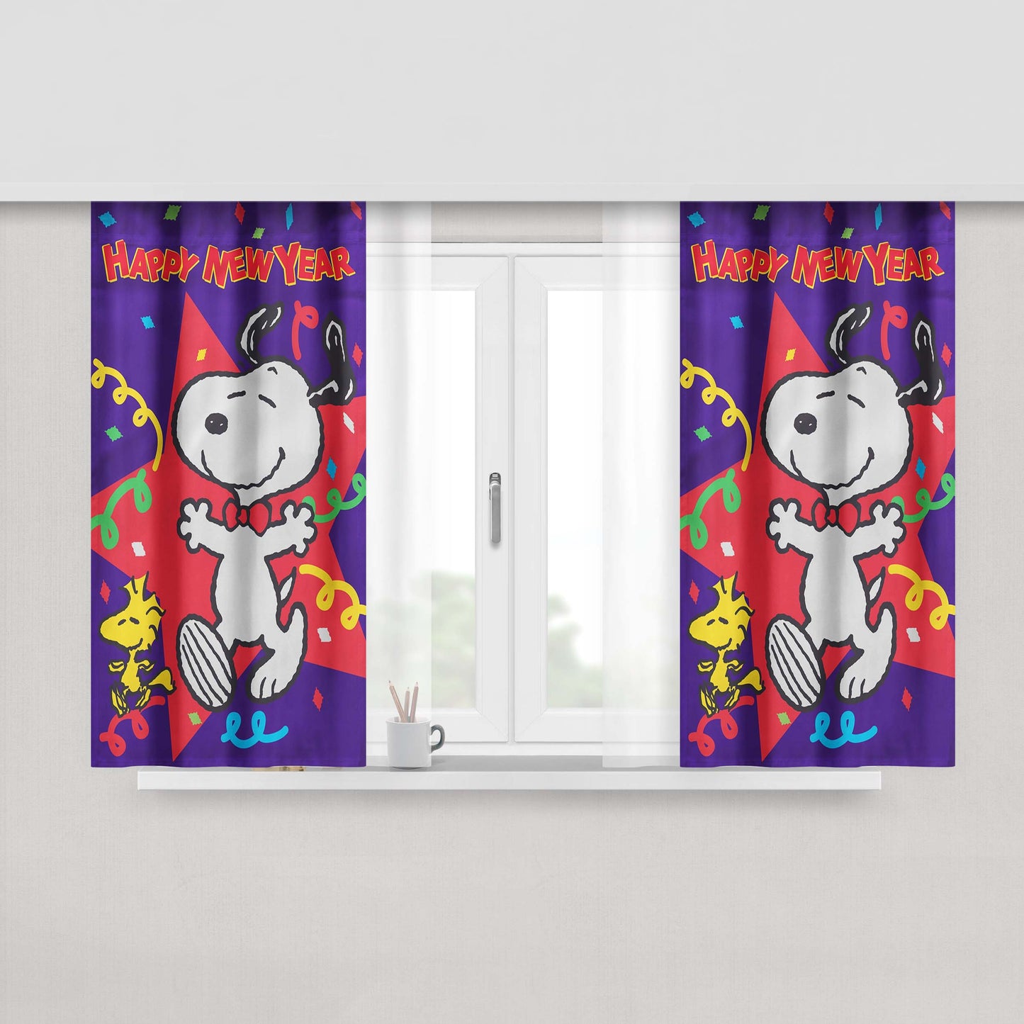 New Years Snoopy Peach Skin Window Curtains