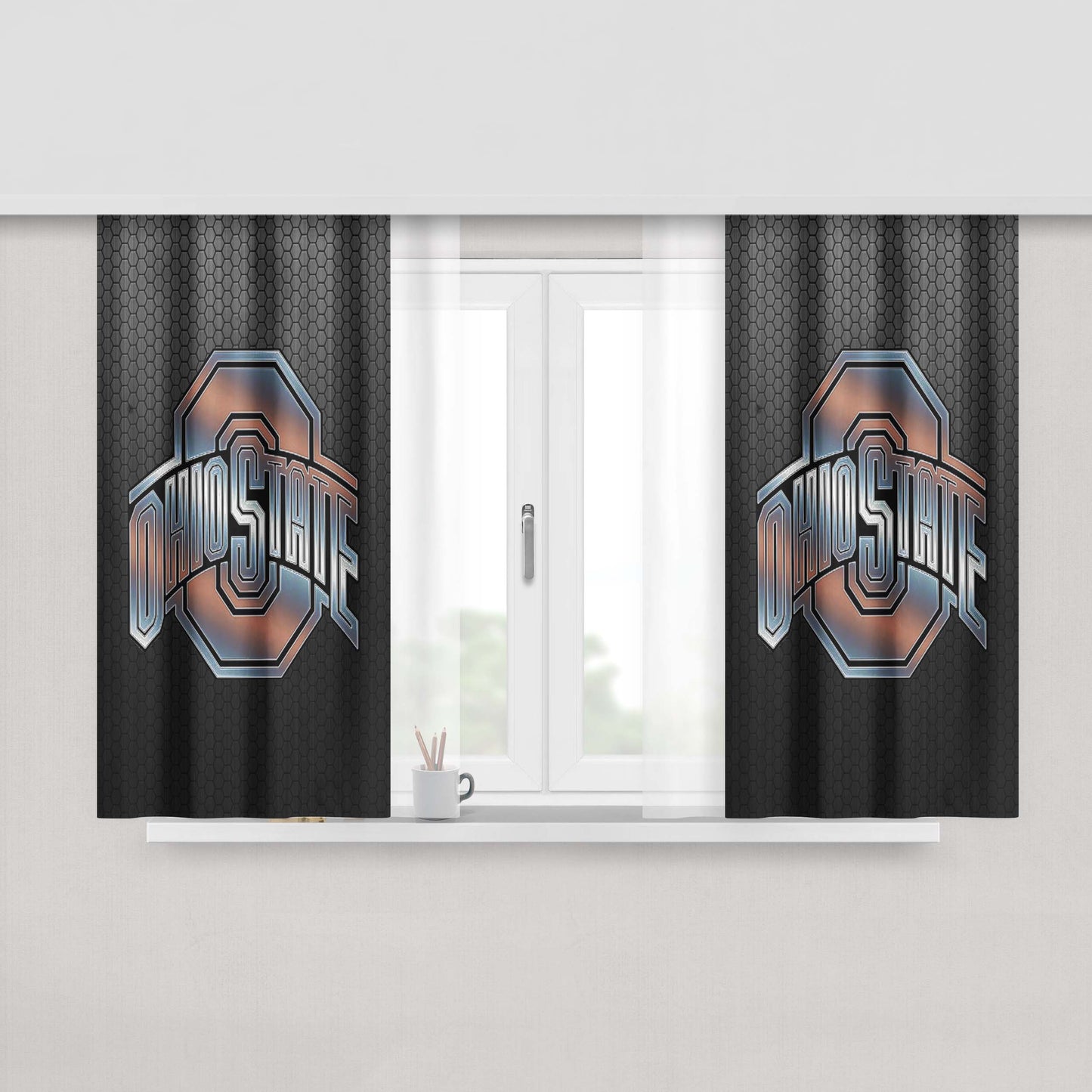 Ohio State Silver Metal Emblem Peach Skin Window Curtains