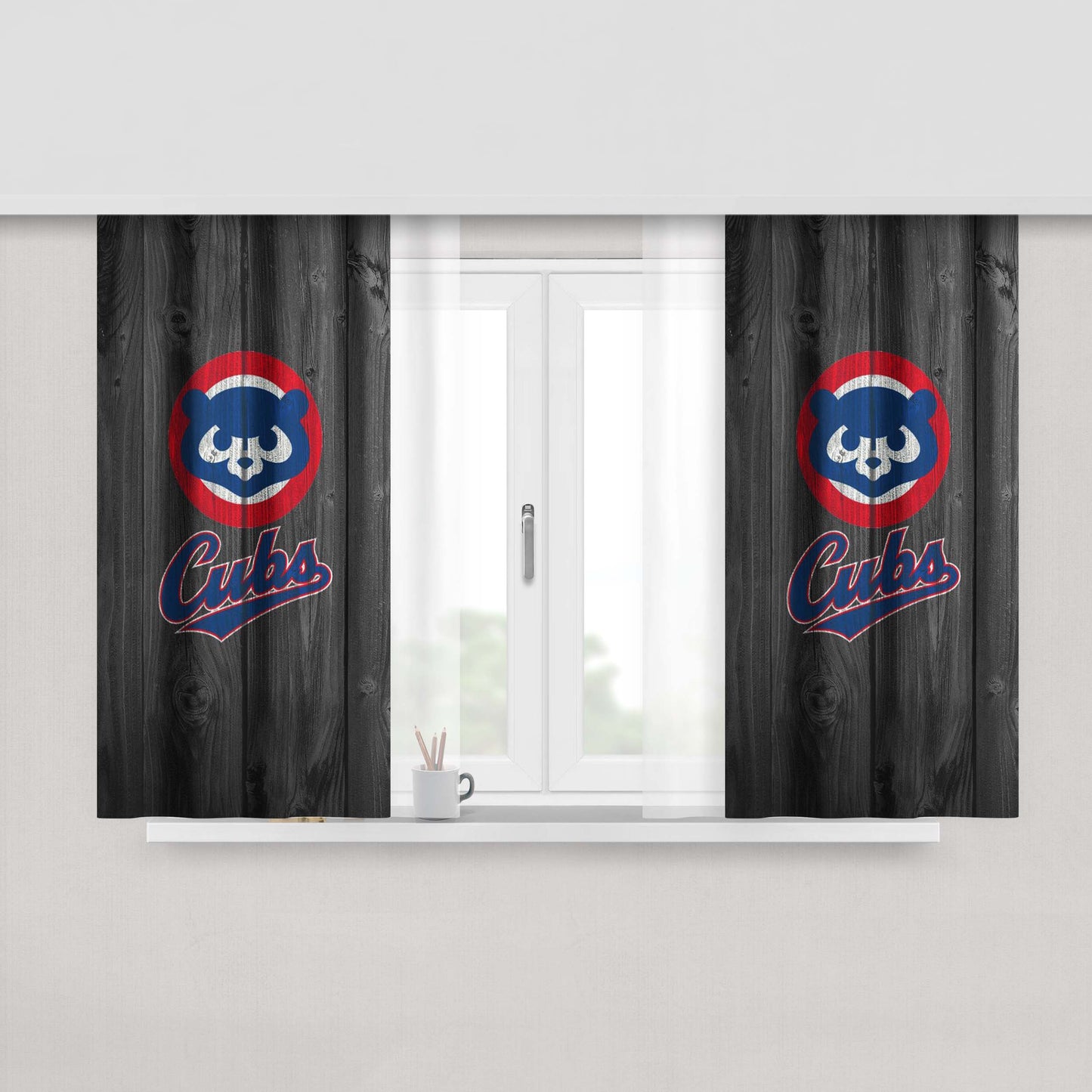 Old Chicago Cubs Bear Mlb Logo Dark Wood Peach Skin Window Curtains