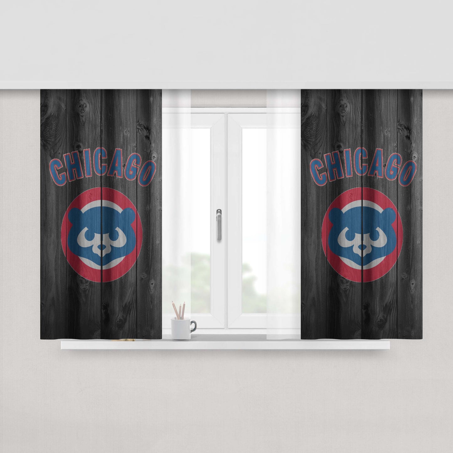 Old Chicago Cubs Mlb Logo Dark Wood Wallpaper Peach Skin Window Curtains