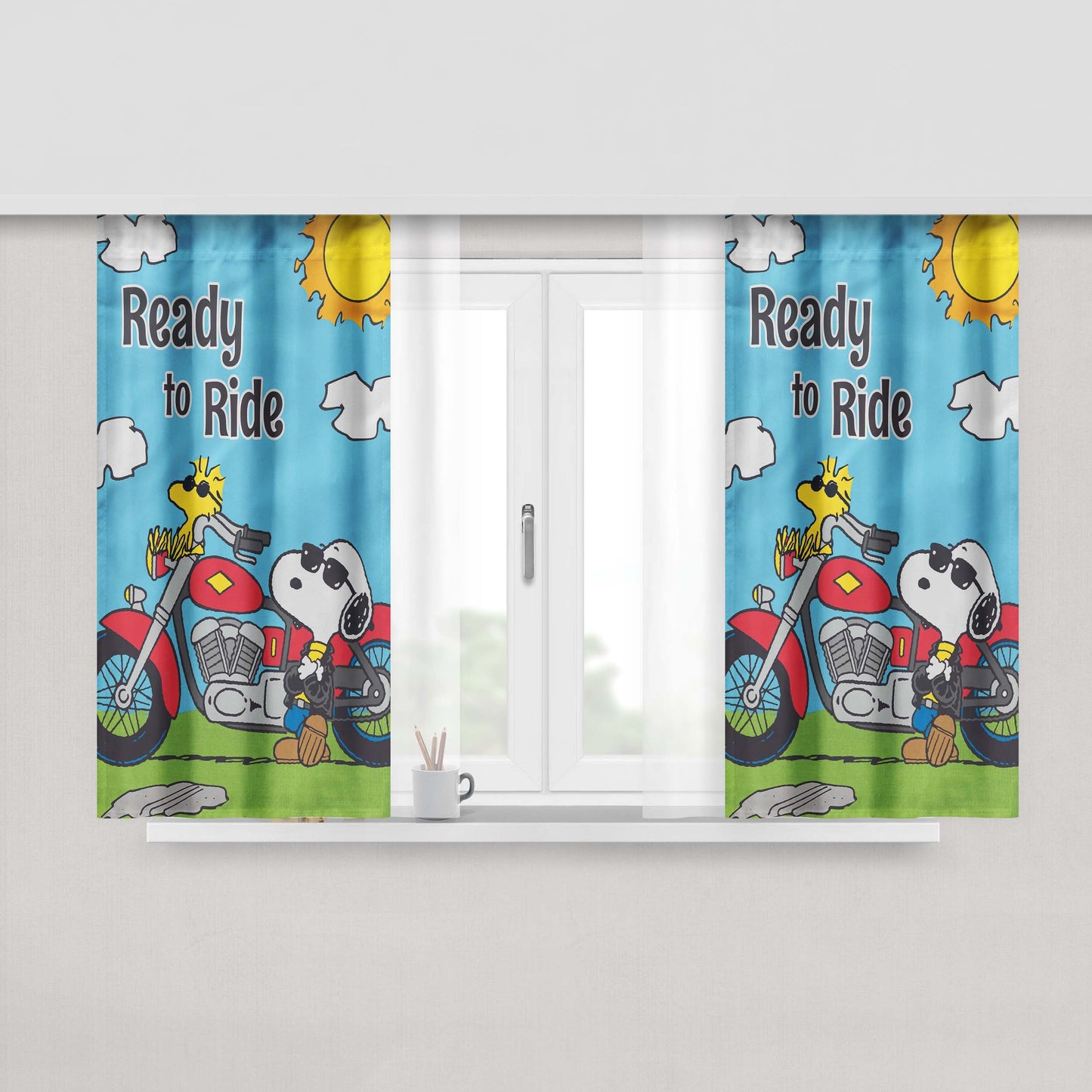 Peanuts Motorcycle Joe Snoopy Ready To Ride Peach Skin Window Curtains