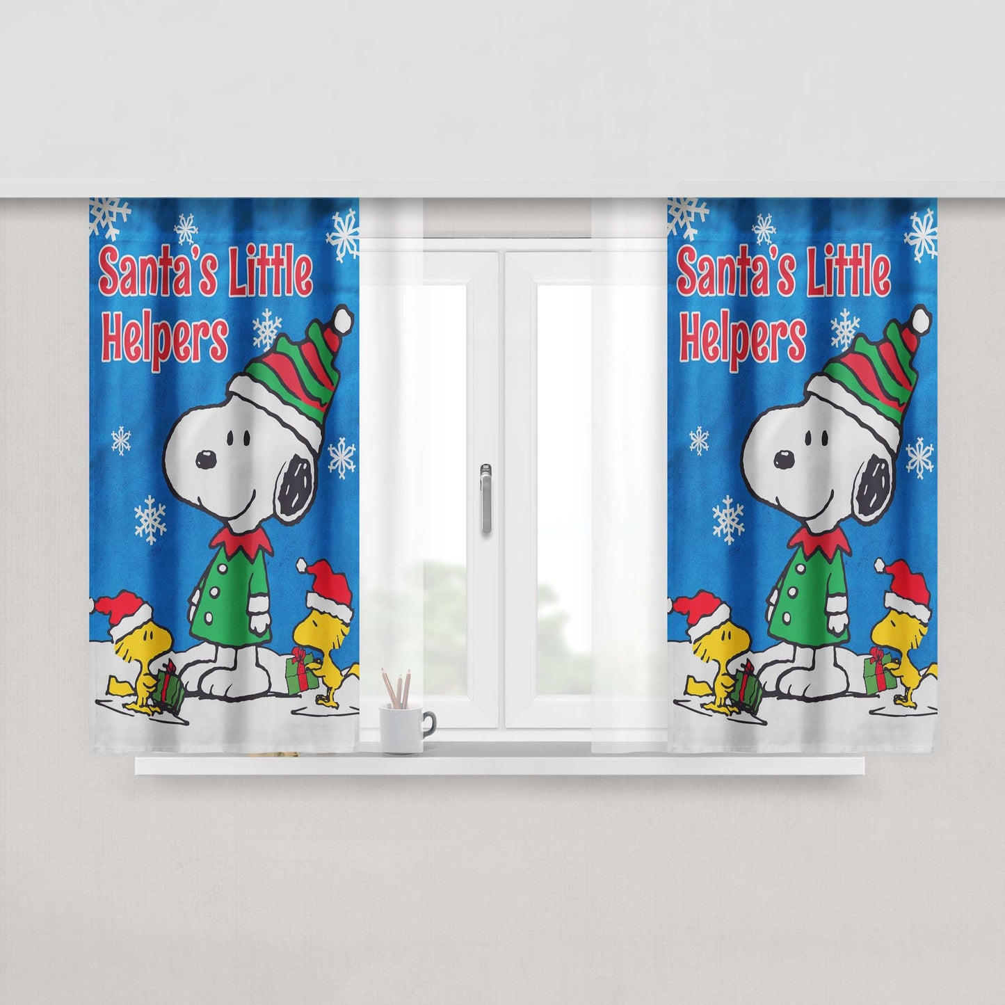 Peanuts Santa'S Little Helpers Snoopy And Woodstock Christmas Peach Skin Window Curtains