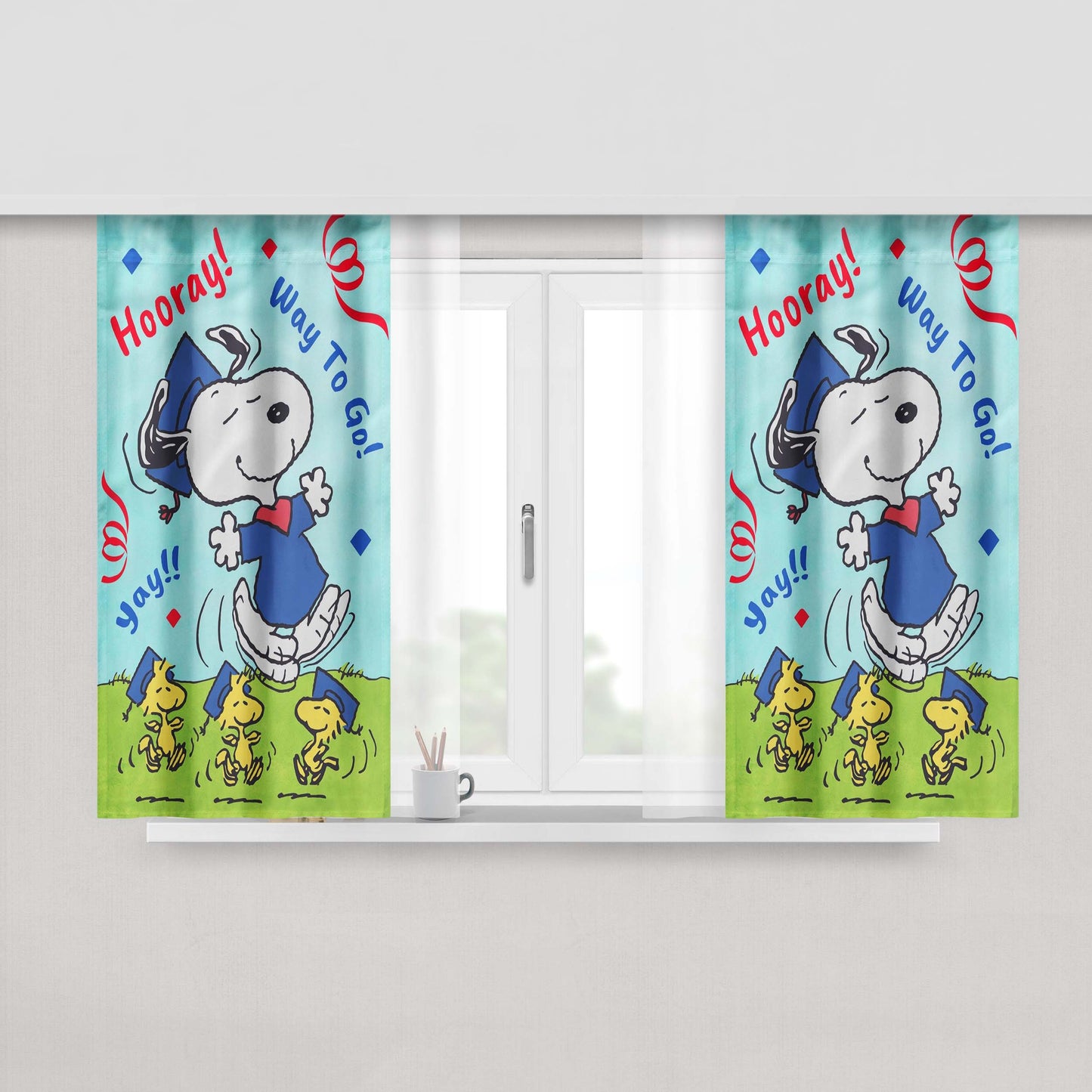 Peanuts Snoopy Graduation Peach Skin Window Curtains