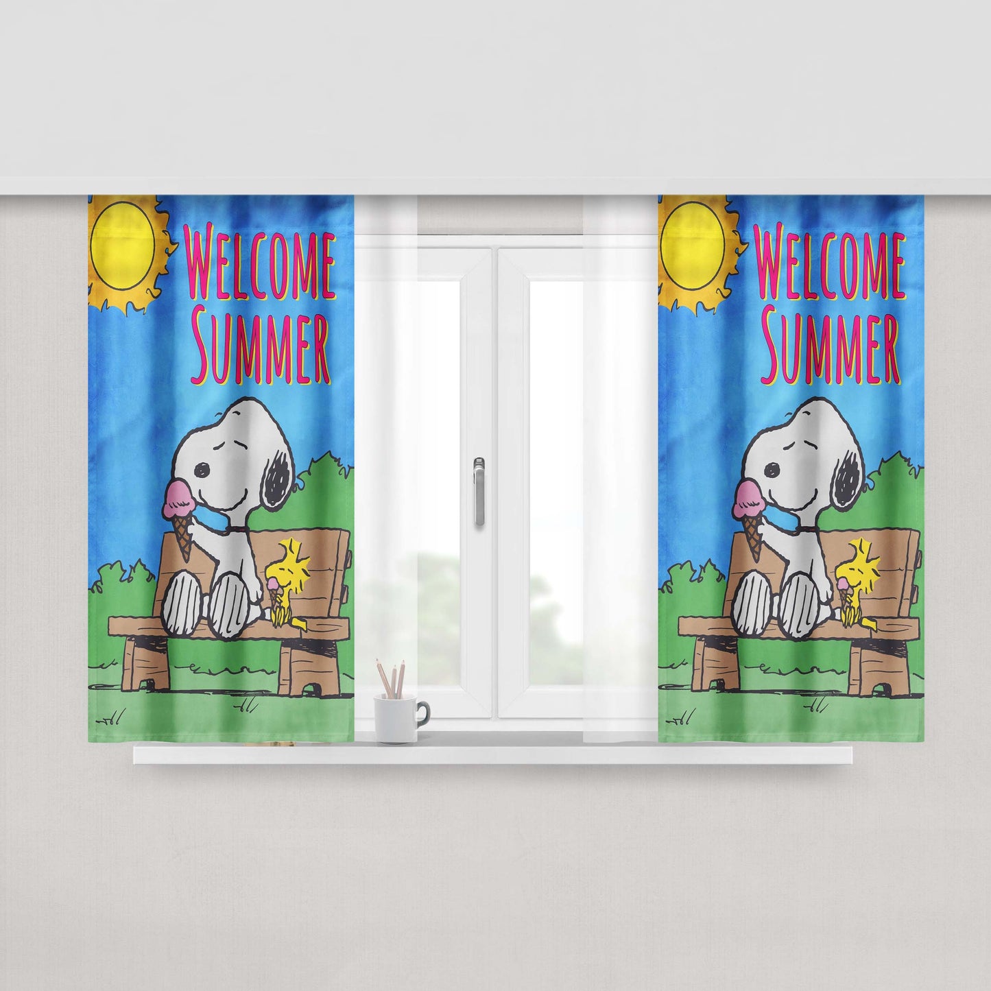 Peanuts Welcome Summer Snoopy & Woodstock Peach Skin Window Curtains