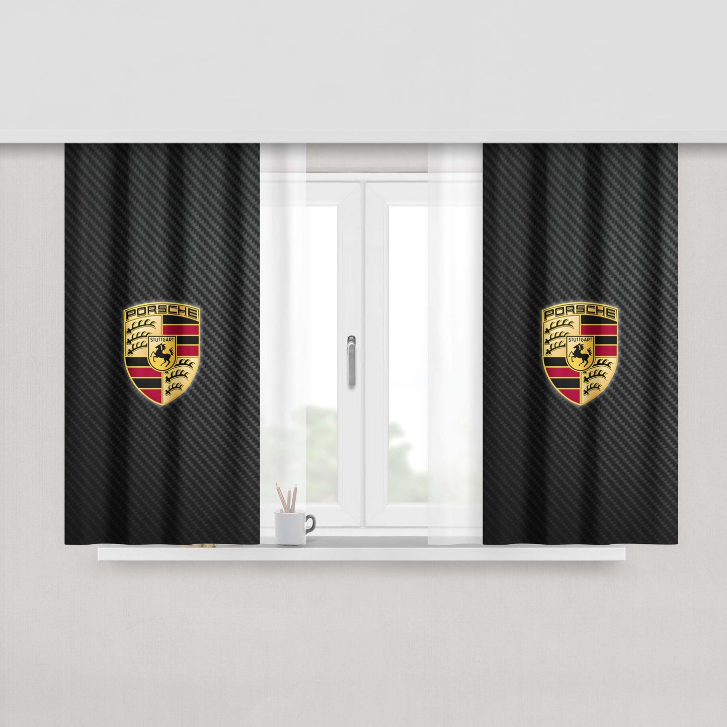 Porsche Logo Carbon Peach Skin Window Curtains