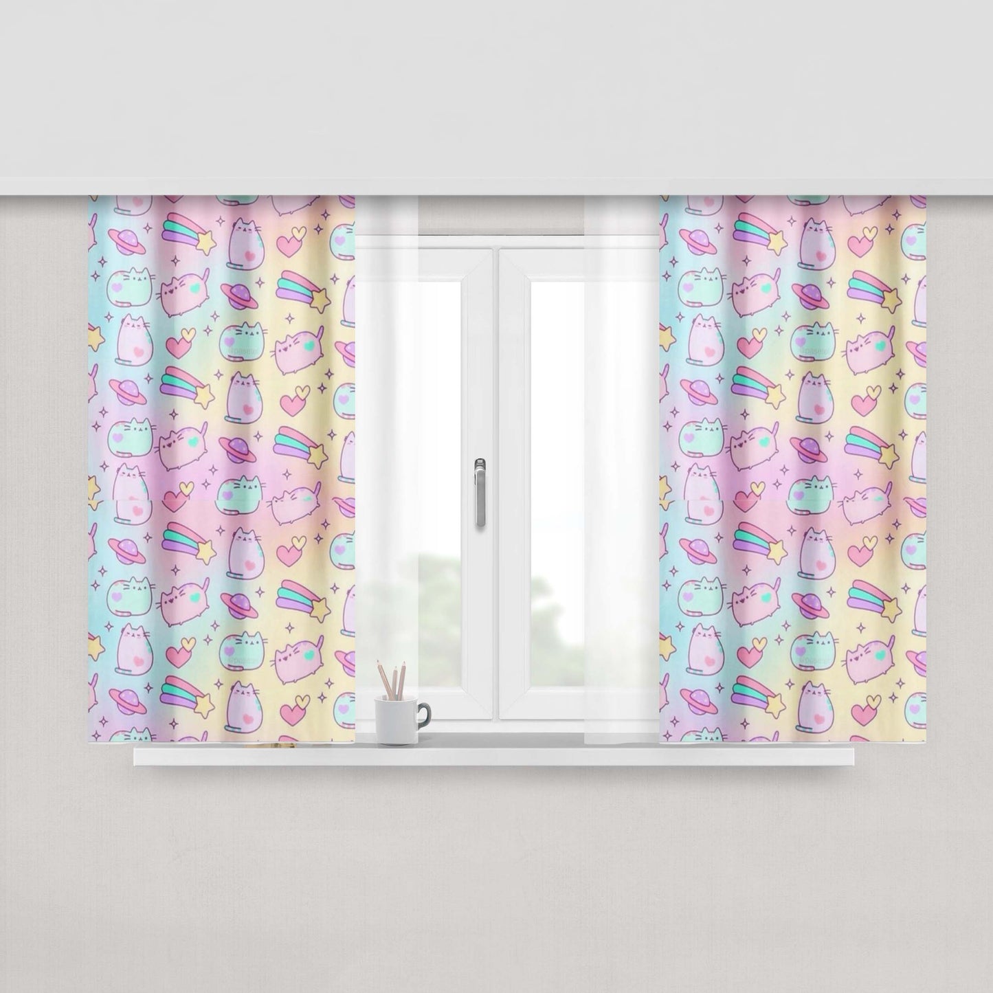 Pusheen Rainbow Pattern Peach Skin Window Curtains