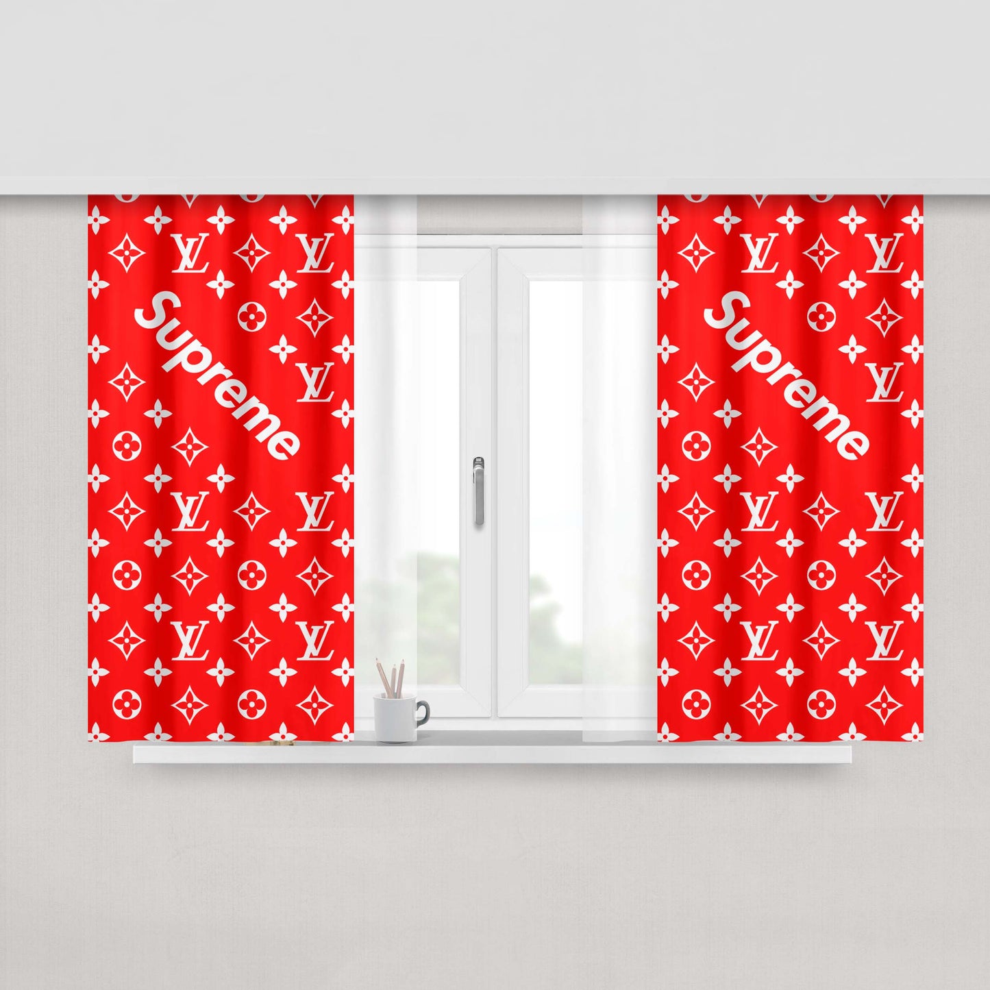 Red Supreme Louis Vuitton Pattern Peach Skin Window Curtains