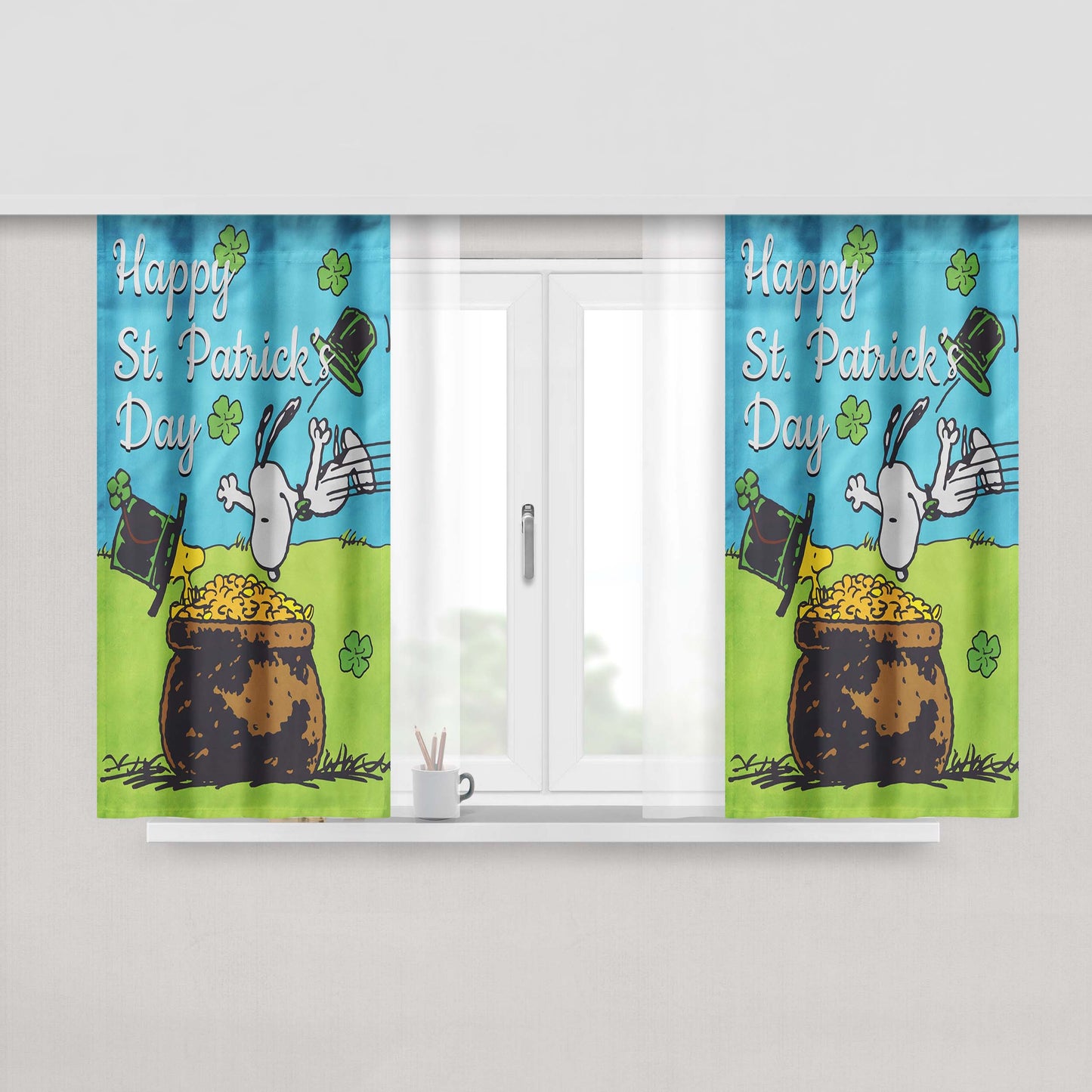 Snoopy And Woodstock St Patricks Day Peach Skin Window Curtains