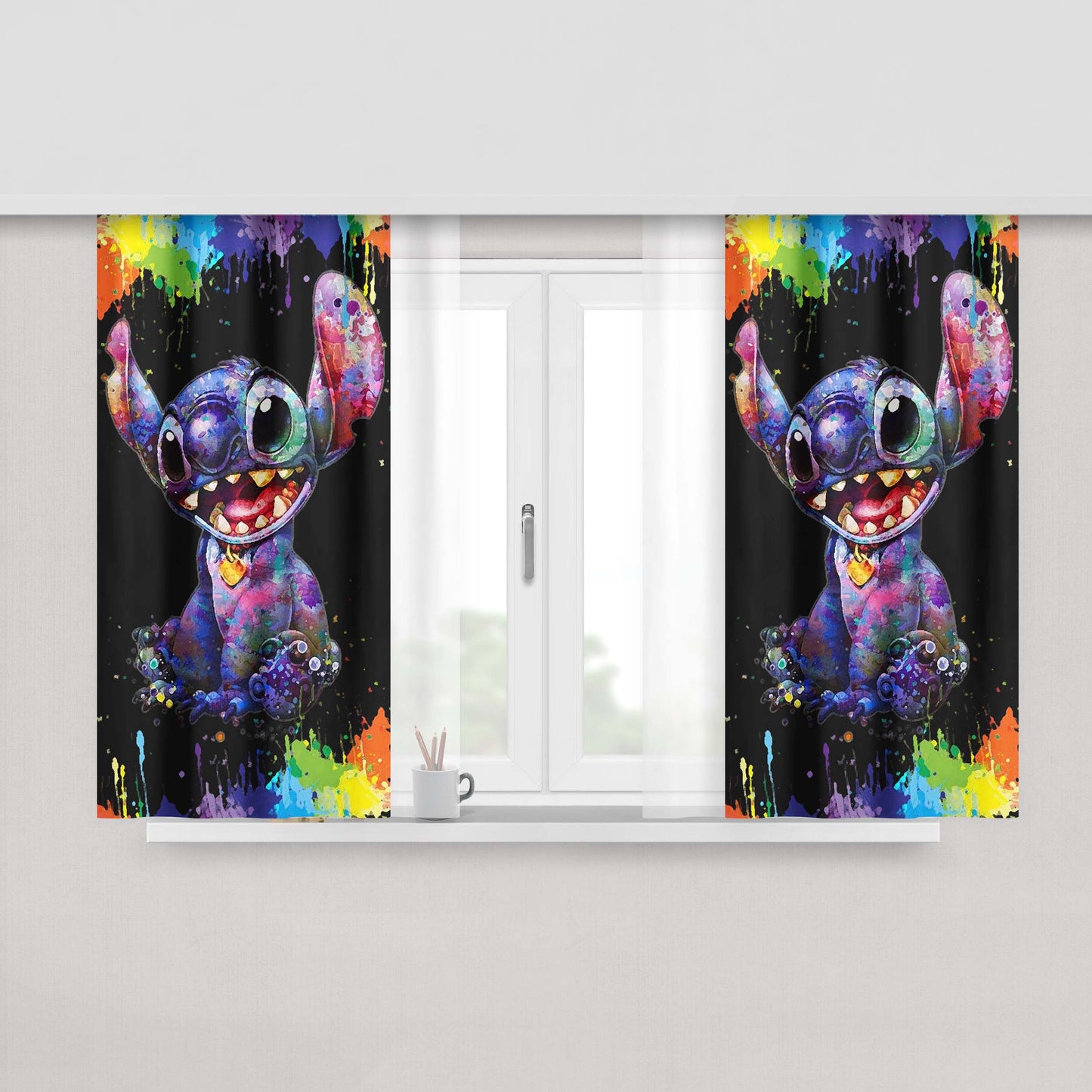 Stitch Cartoon Color Splash Peach Skin Window Curtains