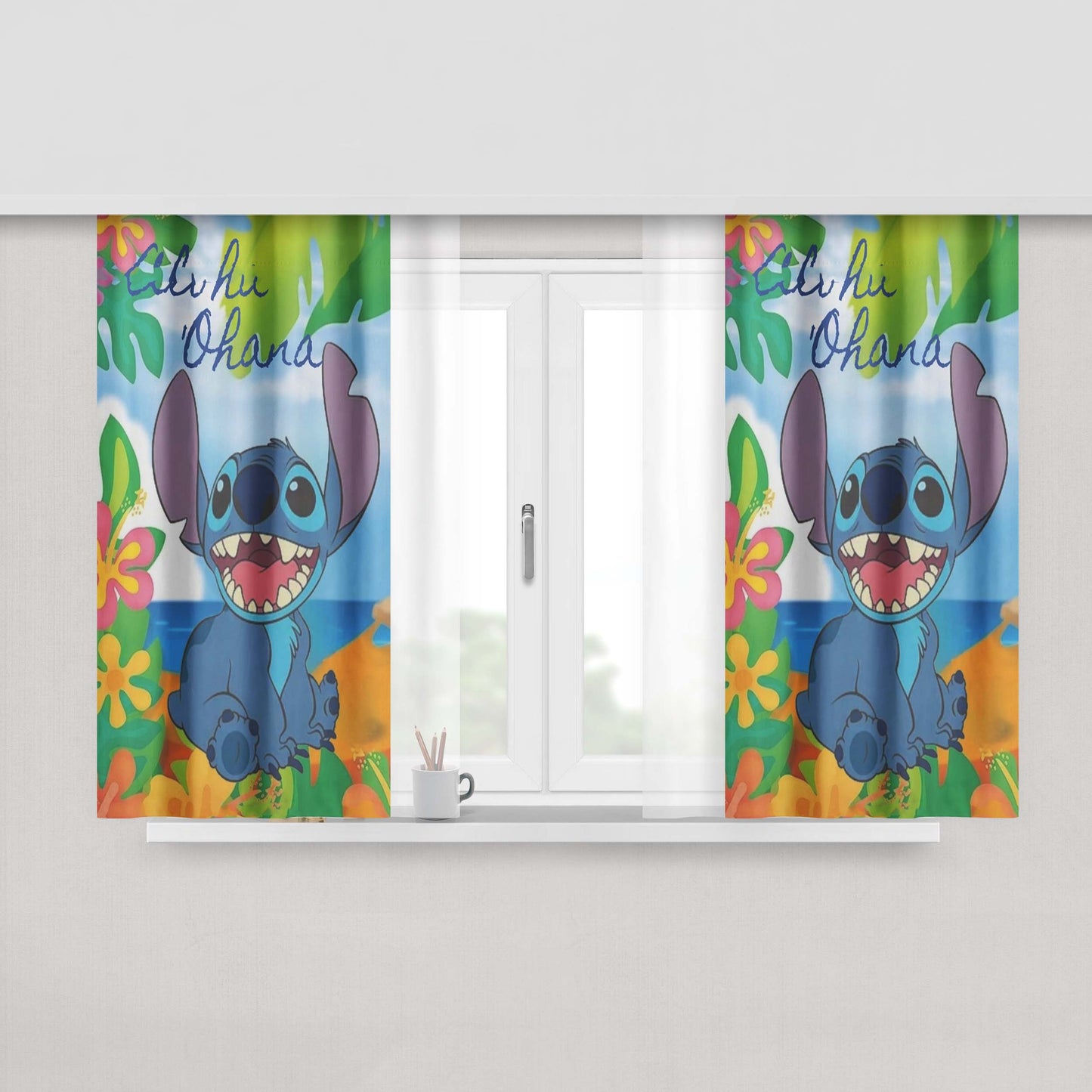 Stitch From Disney'S Movie Lilo And Stitch With Aloha Peach Skin Window Curtains