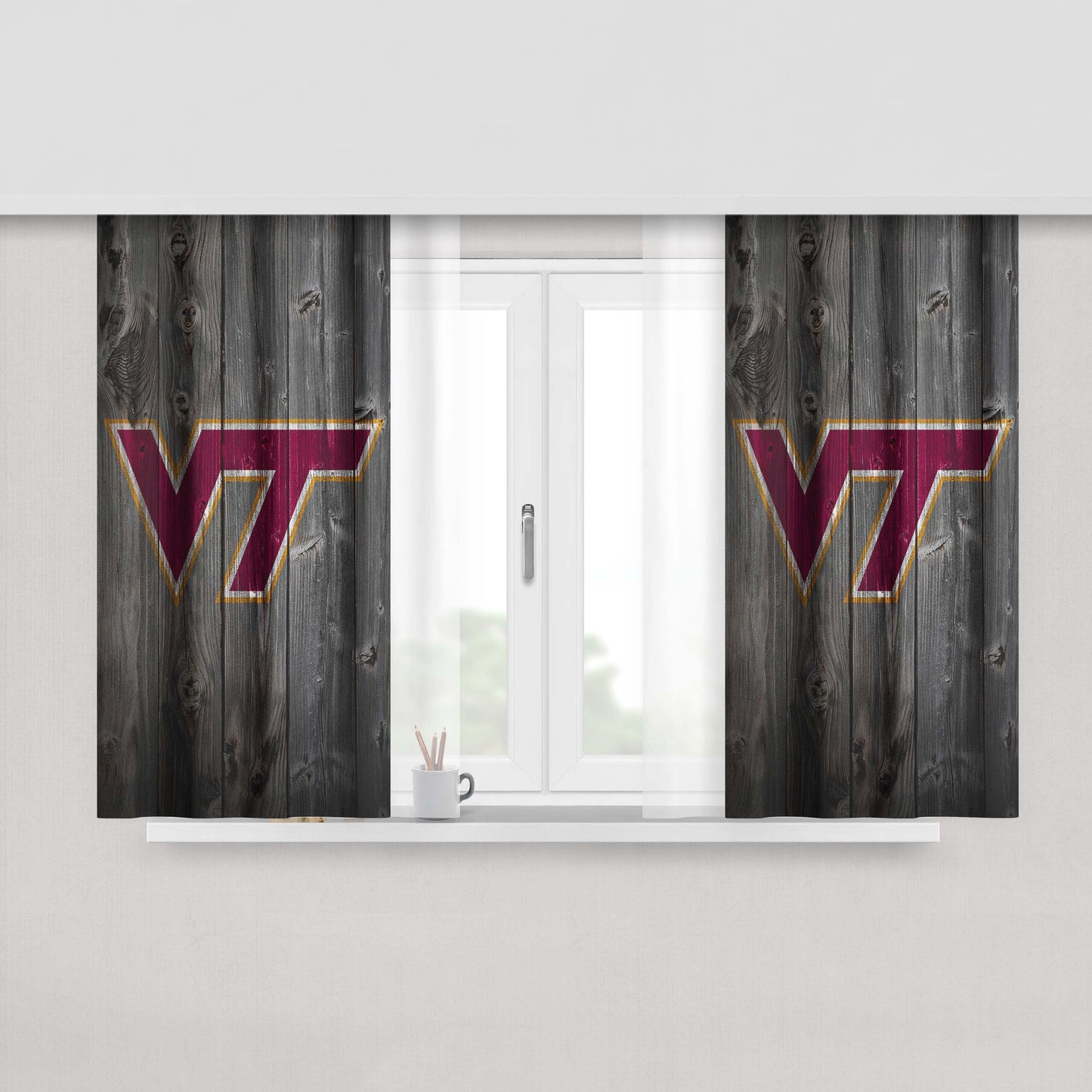 Virginia Tech University Logo Dark Wood Wallpaper Peach Skin Window Curtains