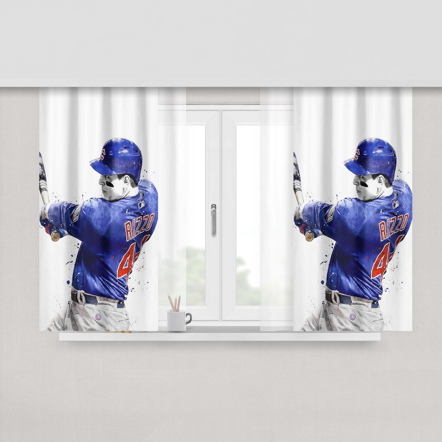 Watercolor Anthony Rizzo Chicago Cubs Baseball Peach Skin Window Curtains