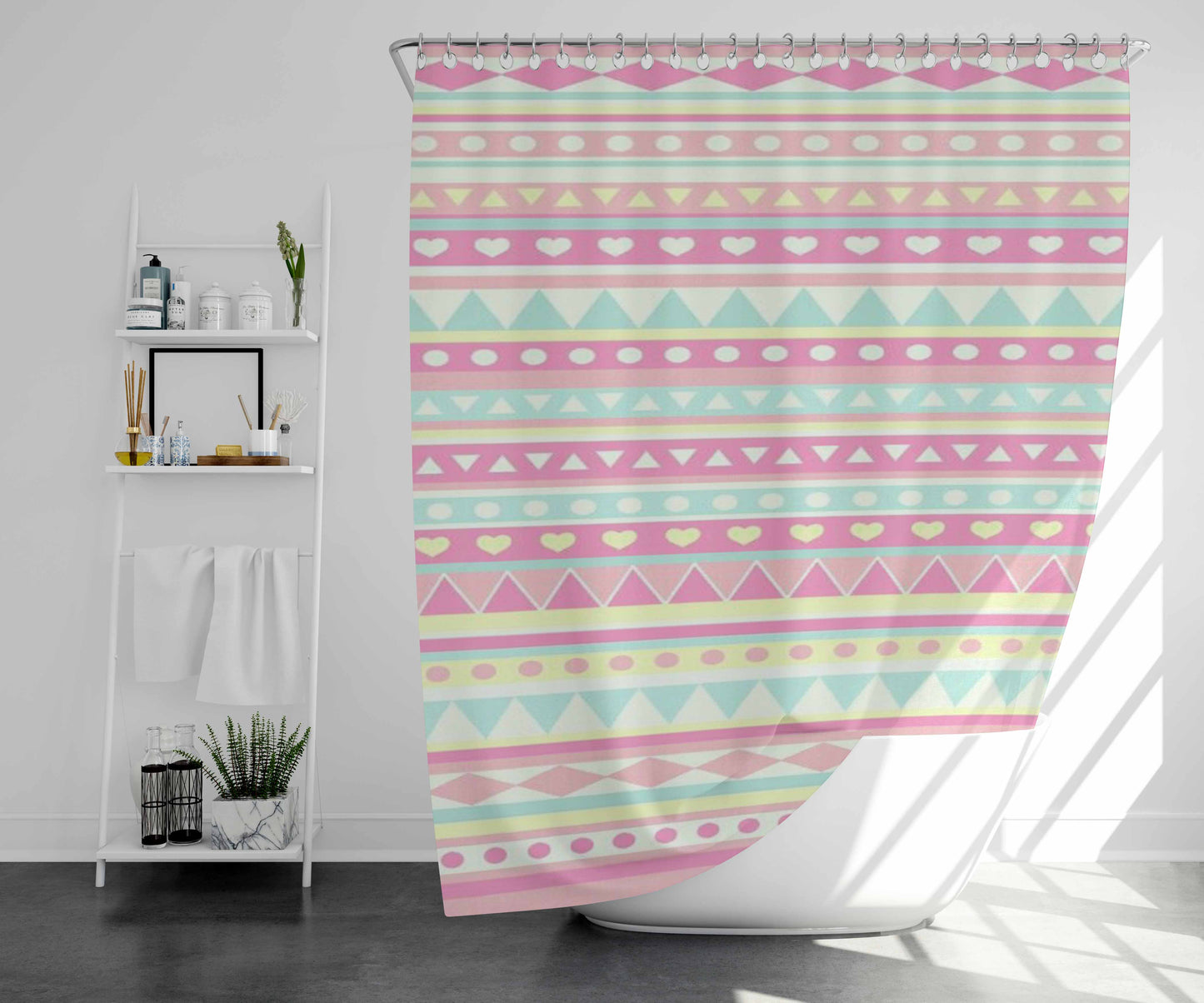 Pink Love Streach Pattern Bathroom Shower Curtain Fabric Waterproof | 66 X 72 Inch