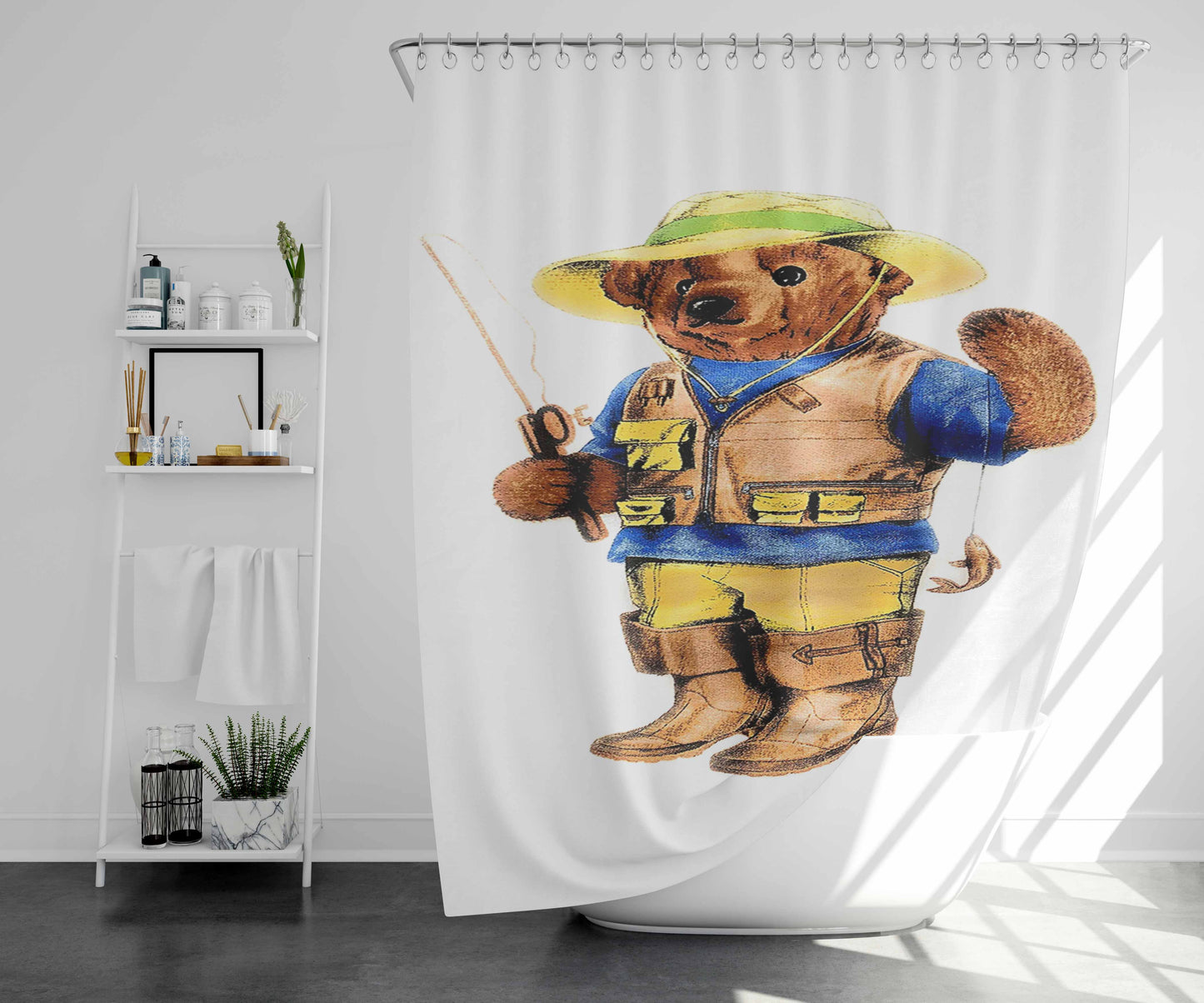 Polo Bear Fishing Bathroom Shower Curtain Fabric Waterproof | 66 X 72 Inch
