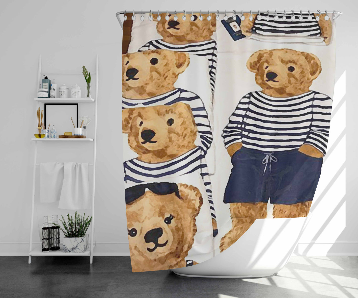 Polo Bear Pattern Blue White Stripe Bathroom Shower Curtain Fabric Waterproof | 66 X 72 Inch