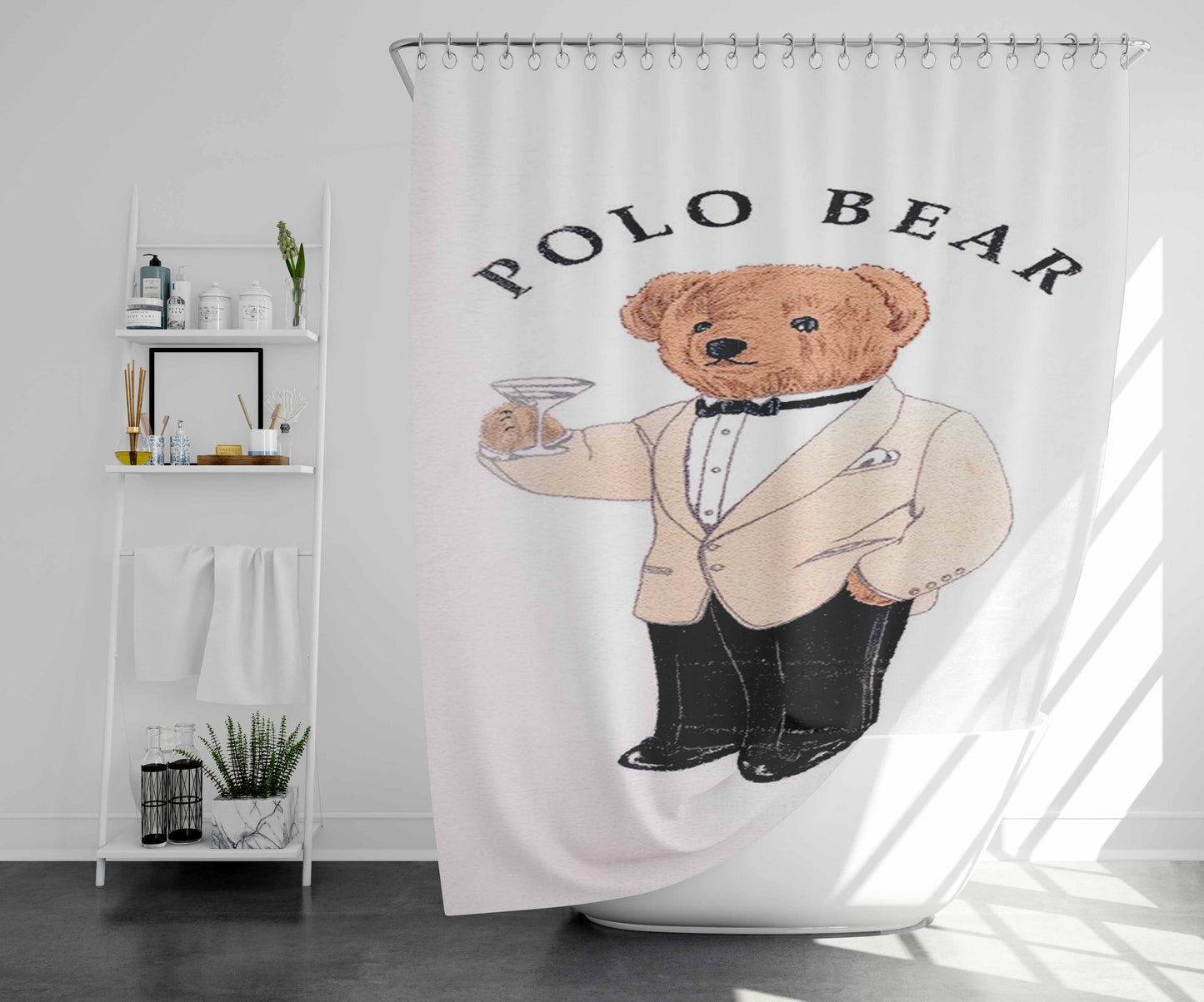 Polo Bear White Suit Bathroom Shower Curtain Fabric Waterproof | 66 X 72 Inch
