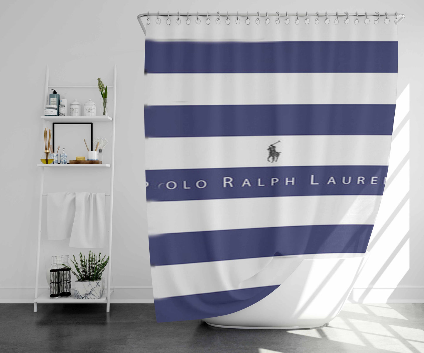 Polo Ralph Lauren Blue White Stripes Bathroom Shower Curtain Fabric Waterproof | 66 X 72 Inch