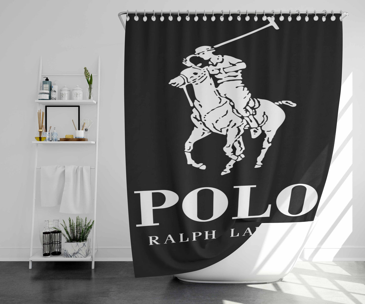 Polo Ralph Lauren Logo Black White Bathroom Shower Curtain Fabric Waterproof | 66 X 72 Inch