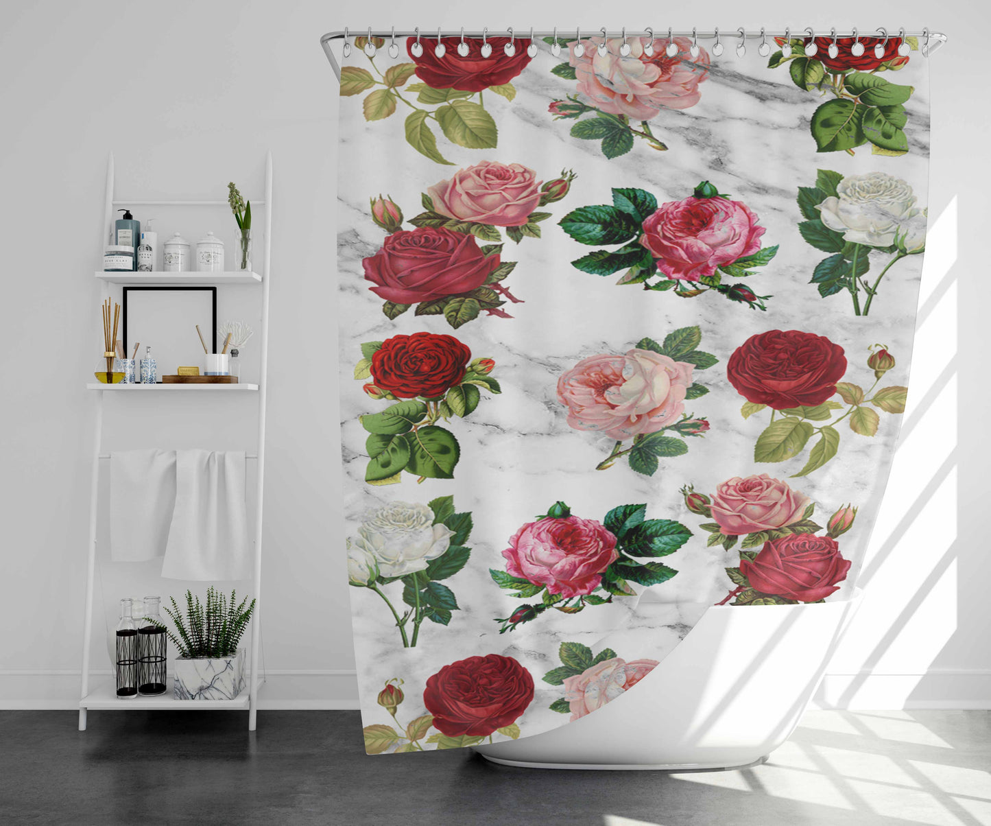 Roses Marble Bathroom Shower Curtain Fabric Waterproof | 66 X 72 Inch