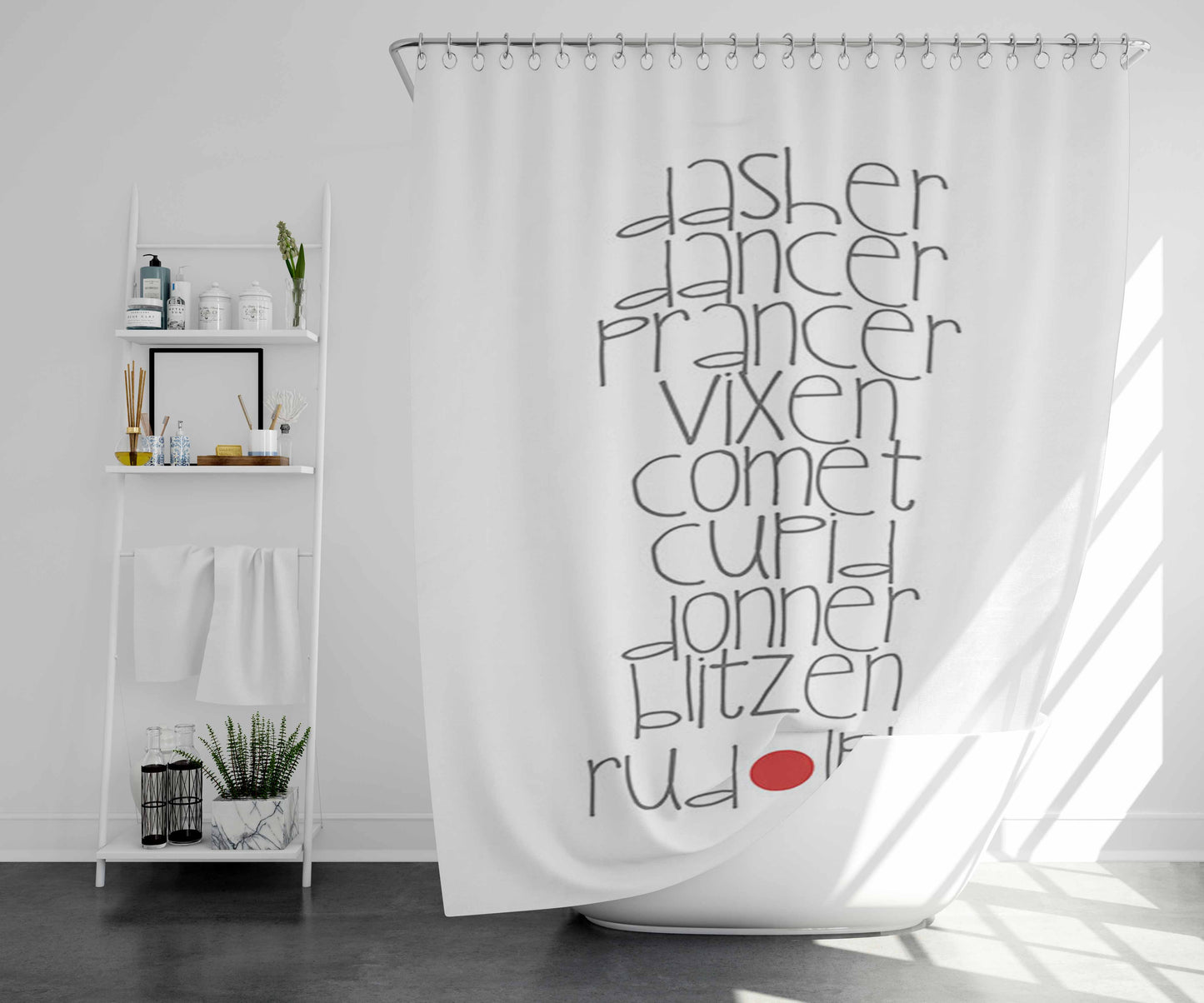 Santa Deers Rudolph Bathroom Shower Curtain Fabric Waterproof | 66 X 72 Inch