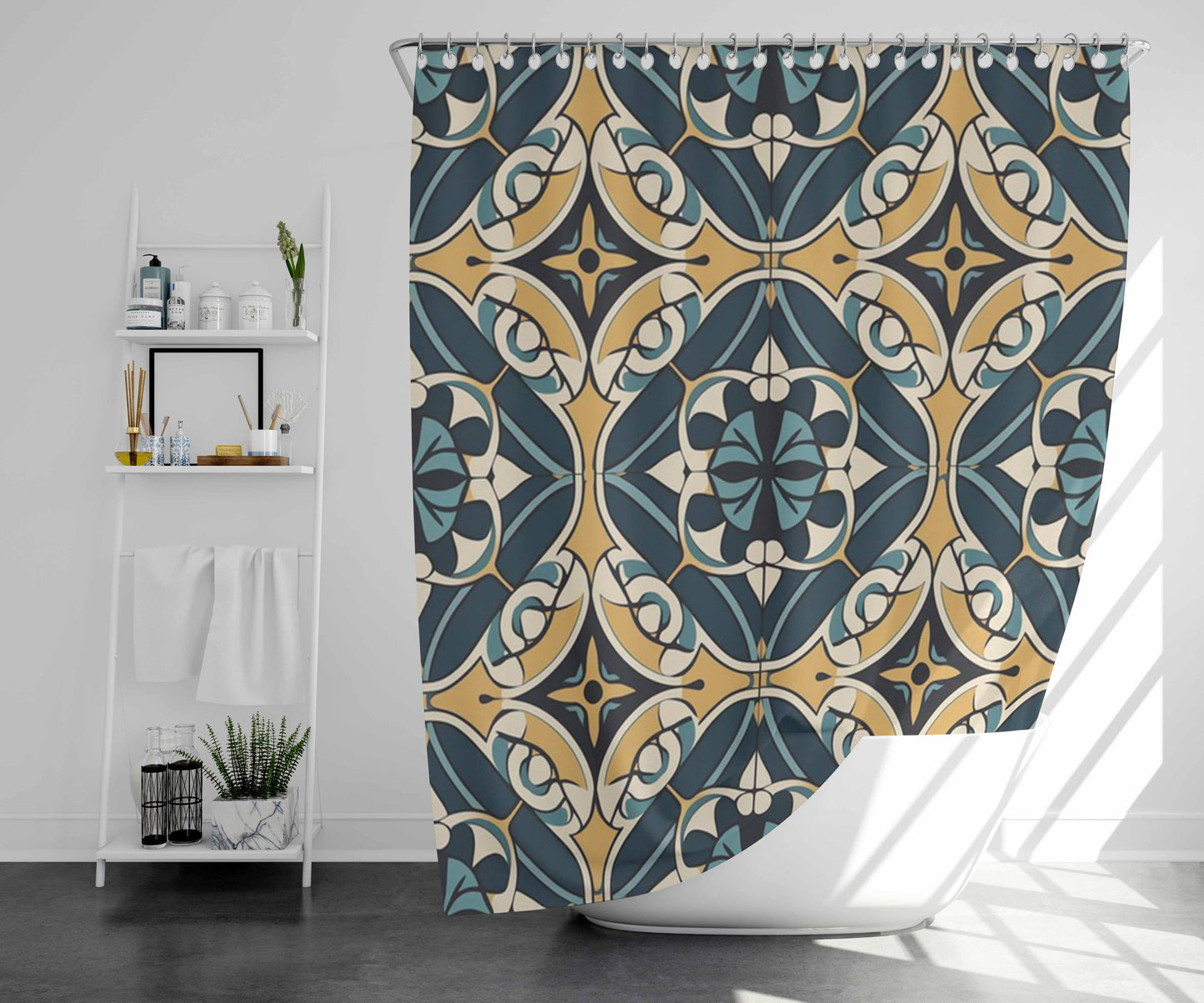 Seamless Pattern With A Floral Moti Bathroom Shower Curtain Fabric Waterproof | 66 X 72 Inch