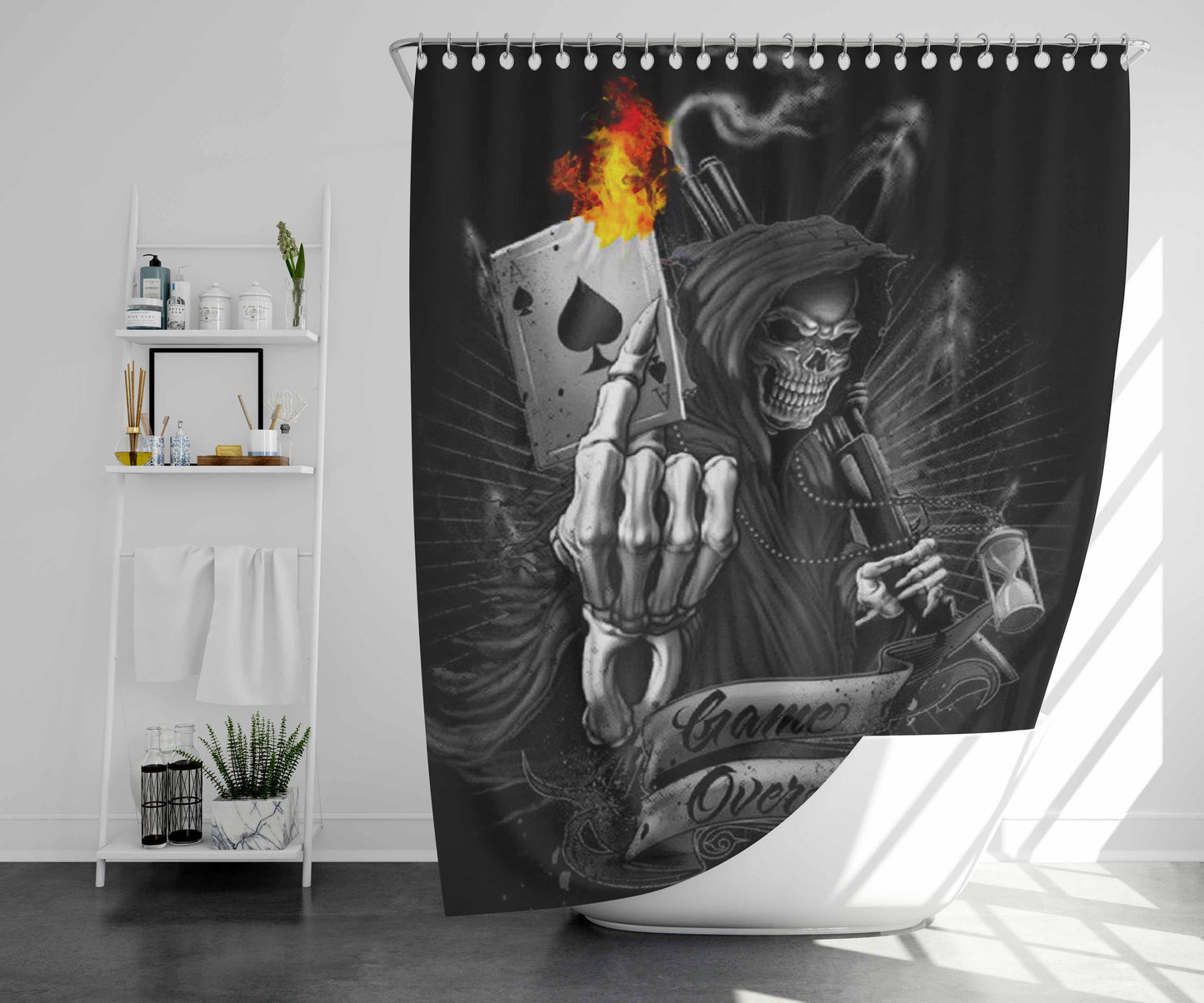 Skull Card Game Over Bathroom Shower Curtain Fabric Waterproof | 66 X 72 Inch