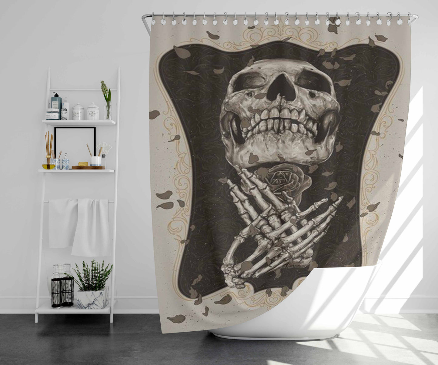 Skull Roses Bathroom Shower Curtain Fabric Waterproof | 66 X 72 Inch