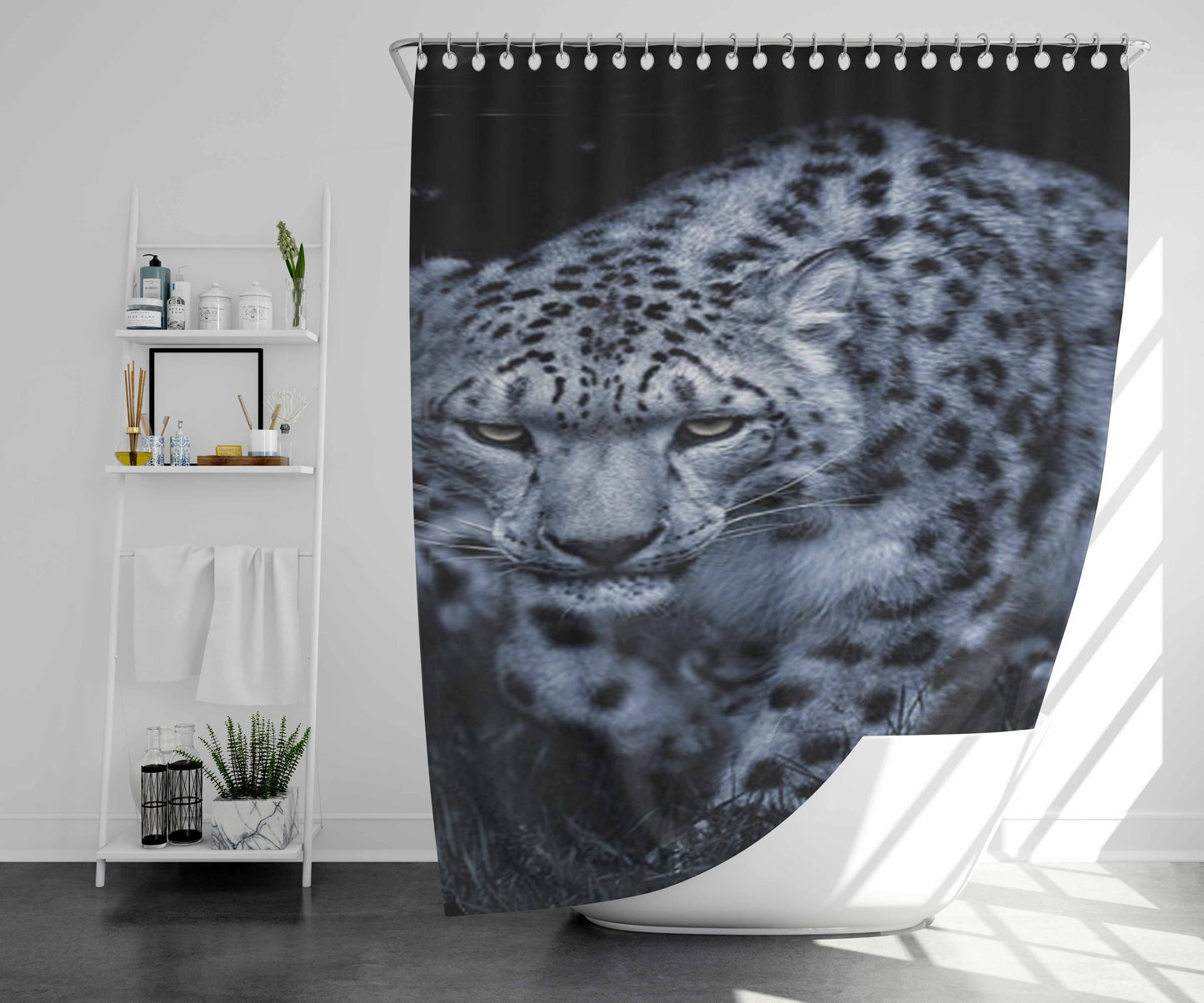 Snow Leopard Black Bathroom Shower Curtain Fabric Waterproof | 66 X 72 Inch