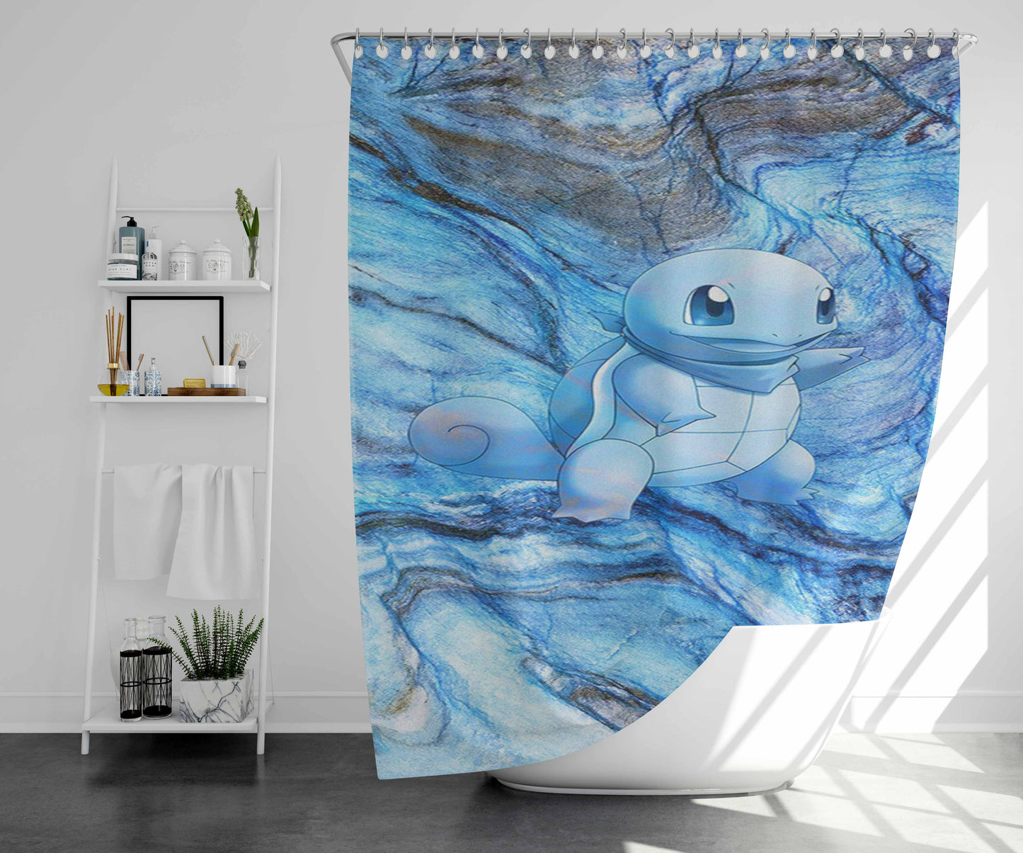 Squirtle Blue Marble X Stone Bathroom Shower Curtain Fabric Waterproof | 66 X 72 Inch