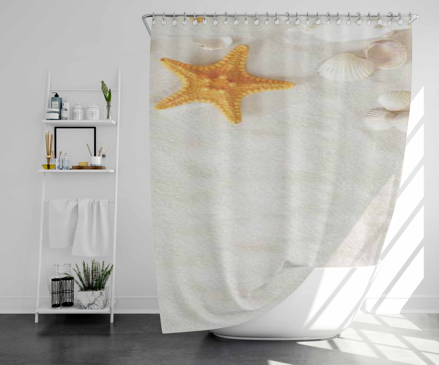 Starfish Wht Sand Bathroom Shower Curtain Fabric Waterproof | 66 X 72 Inch