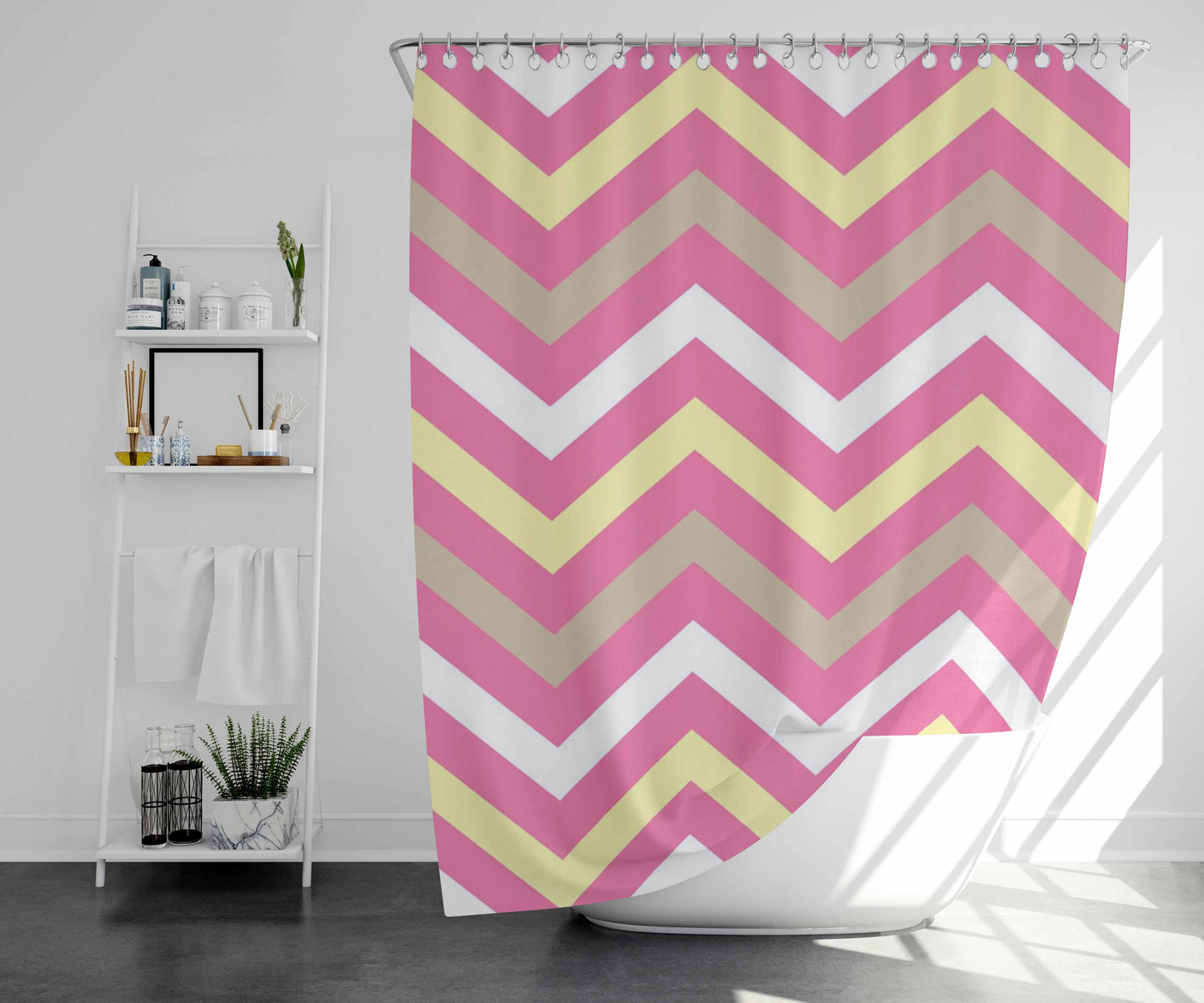 Stripe White And Pink Chevron Bathroom Shower Curtain Fabric Waterproof | 66 X 72 Inch