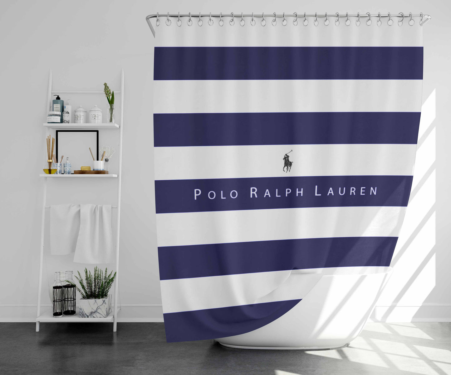Stripe White Blue Polo Ralph Lauren Logo Bathroom Shower Curtain Fabric Waterproof | 66 X 72 Inch