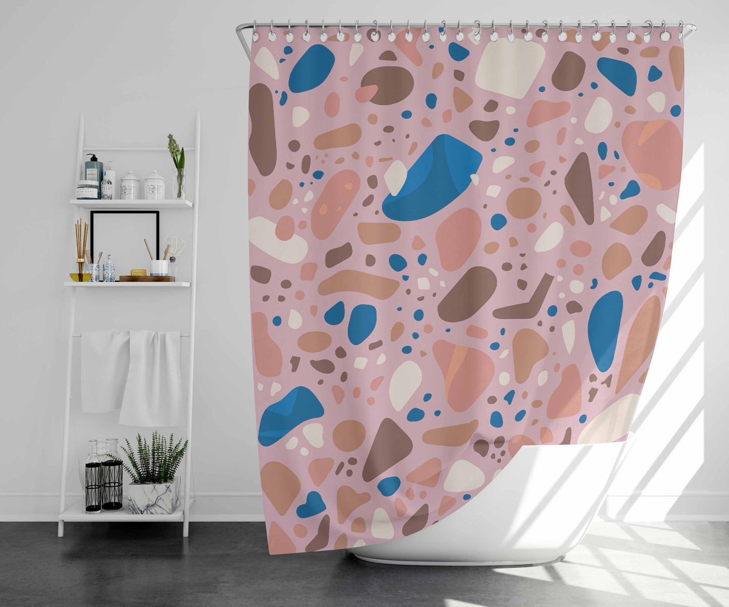 Terrazzo Tile Blu Bathroom Shower Curtain Fabric Waterproof | 66 X 72 Inch