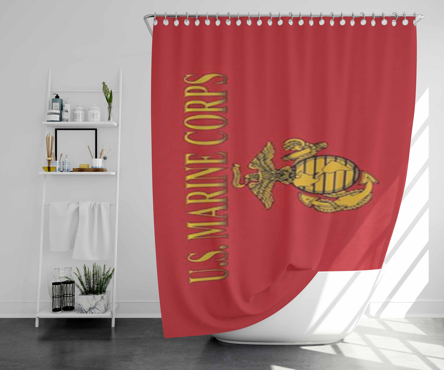 Usmc Logo On Red Bathroom Shower Curtain Fabric Waterproof | 66 X 72 Inch