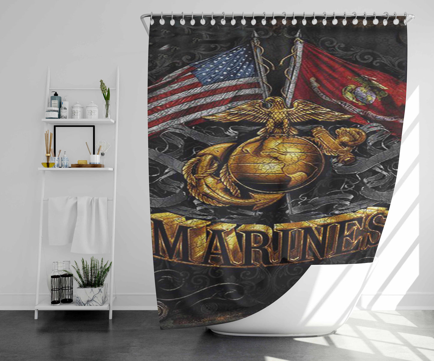Usmc Marine Logo Bathroom Shower Curtain Fabric Waterproof | 66 X 72 Inch
