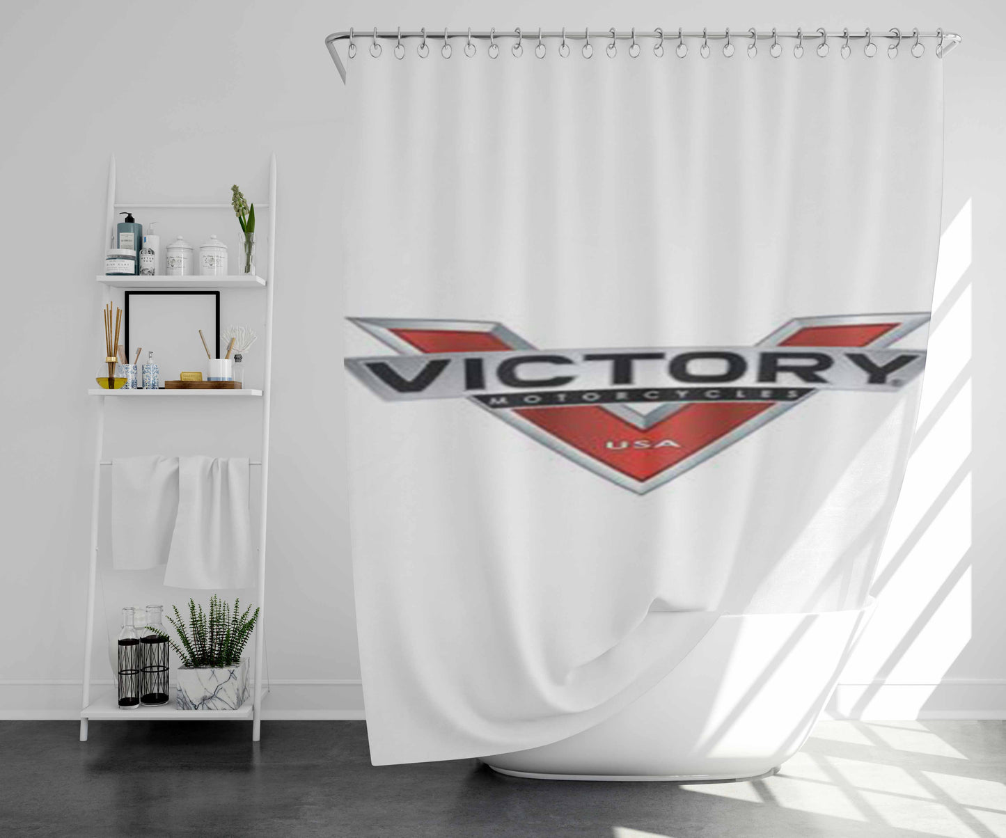 Victory Motor Cycles White Bathroom Shower Curtain Fabric Waterproof | 66 X 72 Inch