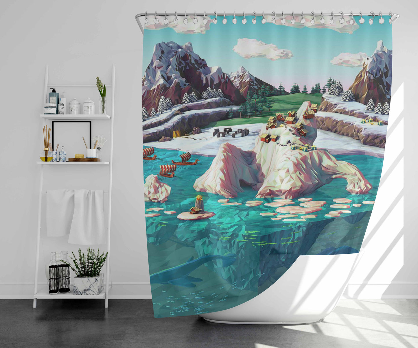 View Design And Mural Mountains Bathroom Shower Curtain Fabric Waterproof | 66 X 72 Inch