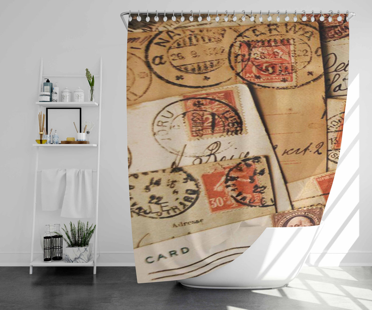 Vintage Postcard Collage Bathroom Shower Curtain Fabric Waterproof | 66 X 72 Inch